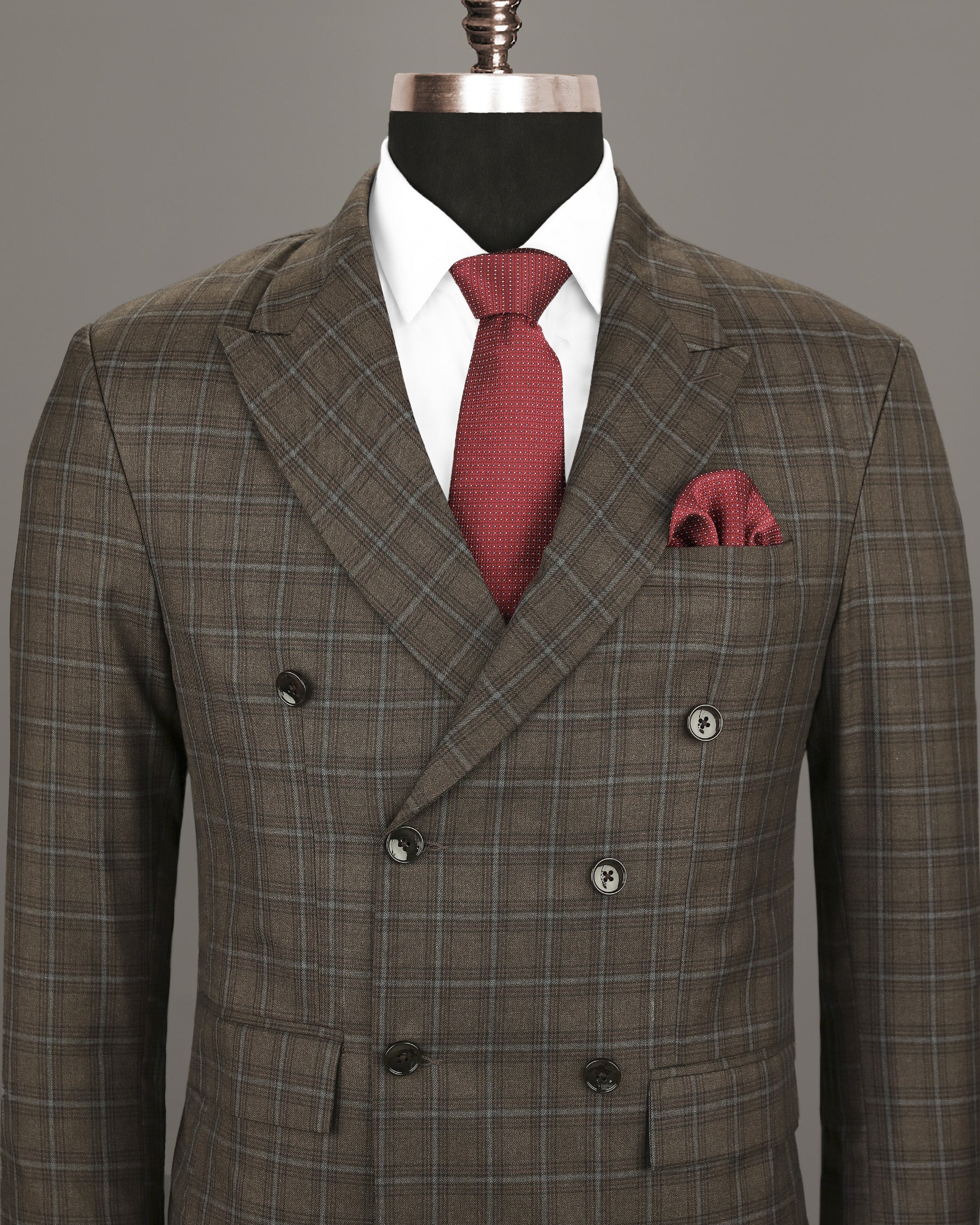 Taupe Brown Windowpane Wool Rich Double Breasted Blazer BL1202-DB-36, BL1202-DB-38, BL1202-DB-46, BL1202-DB-52, BL1202-DB-56, BL1202-DB-58, BL1202-DB-60, BL1202-DB-40, BL1202-DB-42, BL1202-DB-44, BL1202-DB-48, BL1202-DB-50, BL1202-DB-54