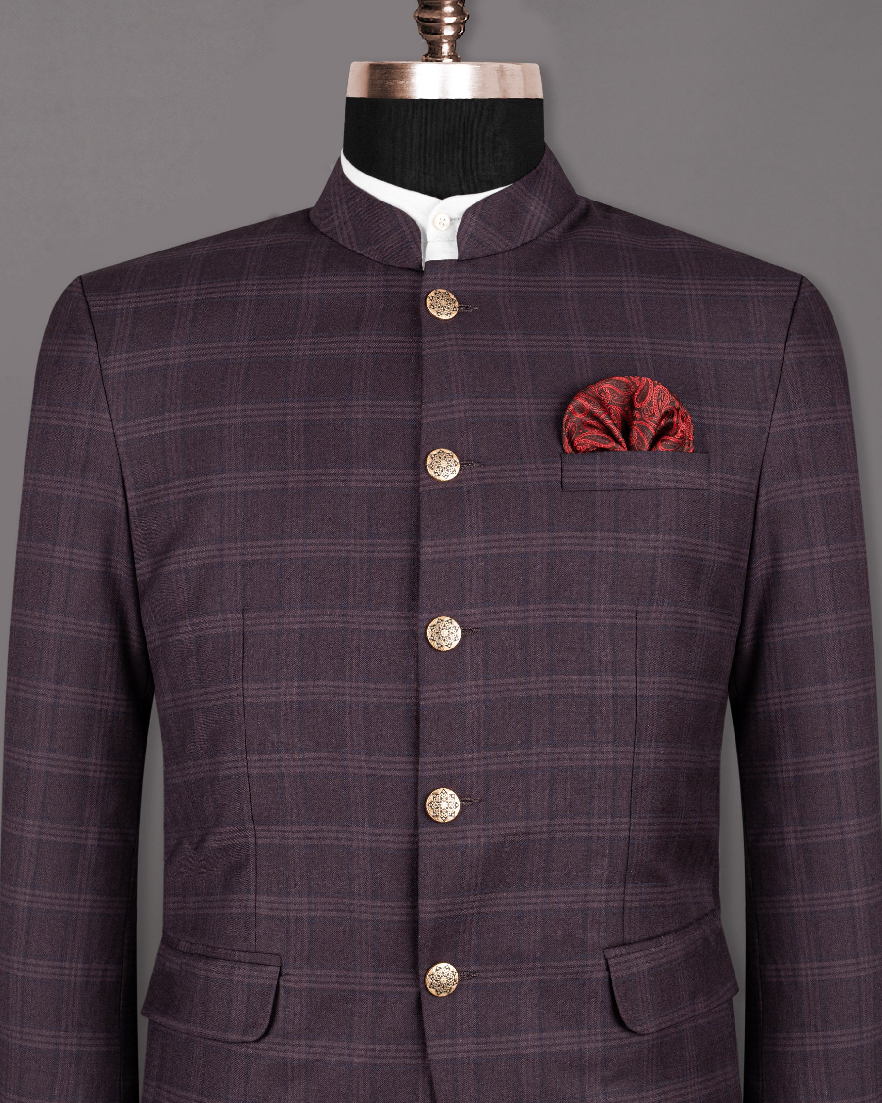 Burgundy Windowpane Woolrich Bandhgala/Mandarin Blazer BL1234-BG-42, BL1234-BG-54, BL1234-BG-56, BL1234-BG-58, BL1234-BG-44, BL1234-BG-46, BL1234-BG-60, BL1234-BG-36, BL1234-BG-38, BL1234-BG-40, BL1234-BG-48, BL1234-BG-50, BL1234-BG-52