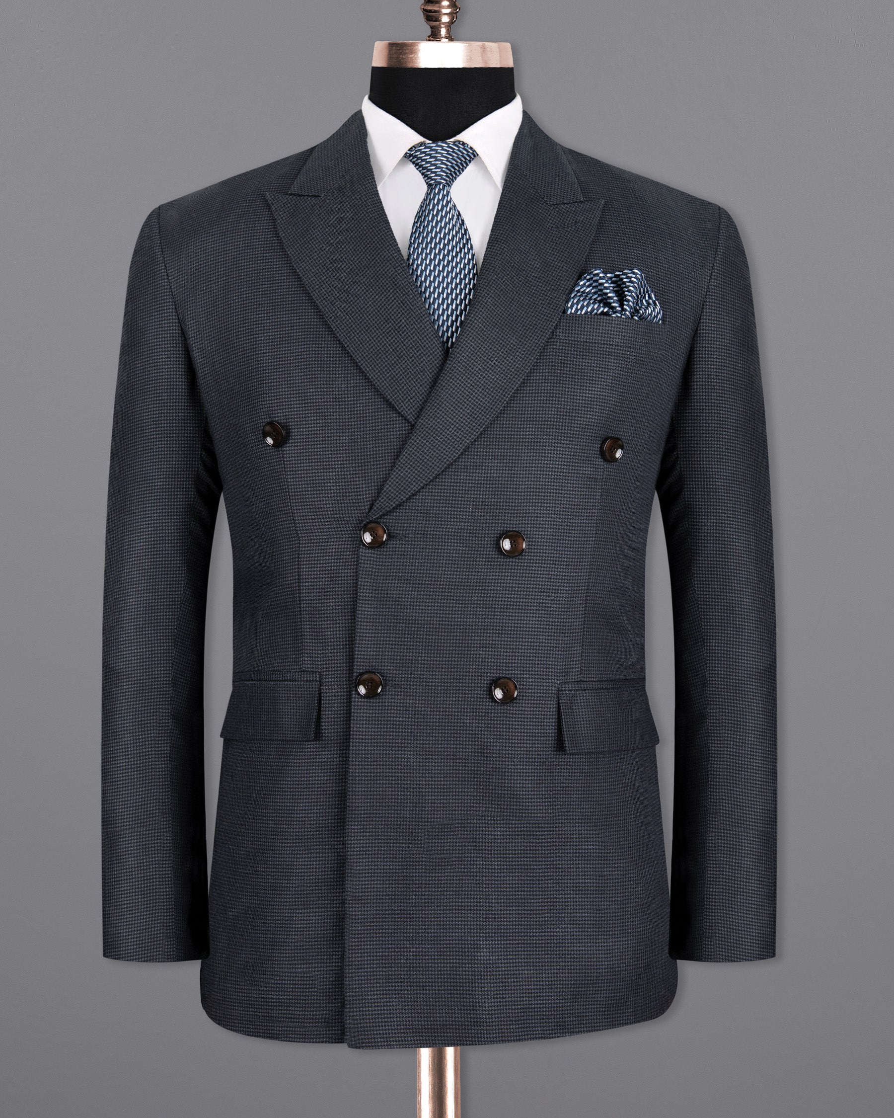 Pale Sky Grey houndstooth Wool Rich Double Breasted Blazer BL1311-DB-36, BL1311-DB-38, BL1311-DB-40, BL1311-DB-42, BL1311-DB-44, BL1311-DB-46, BL1311-DB-48, BL1311-DB-50, BL1311-DB-52, BL1311-DB-58, BL1311-DB-54, BL1311-DB-56, BL1311-DB-60