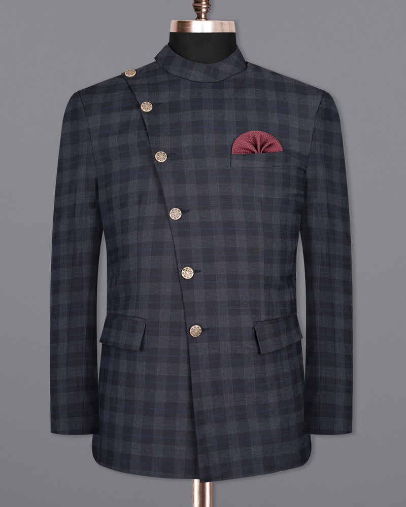 Bastille Grey Plaid Wool Rich Cross Buttoned Bandhgala Blazer BL1498-CBG2-36, BL1498-CBG2-38, BL1498-CBG2-40, BL1498-CBG2-42, BL1498-CBG2-44, BL1498-CBG2-46, BL1498-CBG2-48, BL1498-CBG2-50, BL1498-CBG2-52, BL1498-CBG2-54, BL1498-CBG2-56, BL1498-CBG2-58, BL1498-CBG2-60