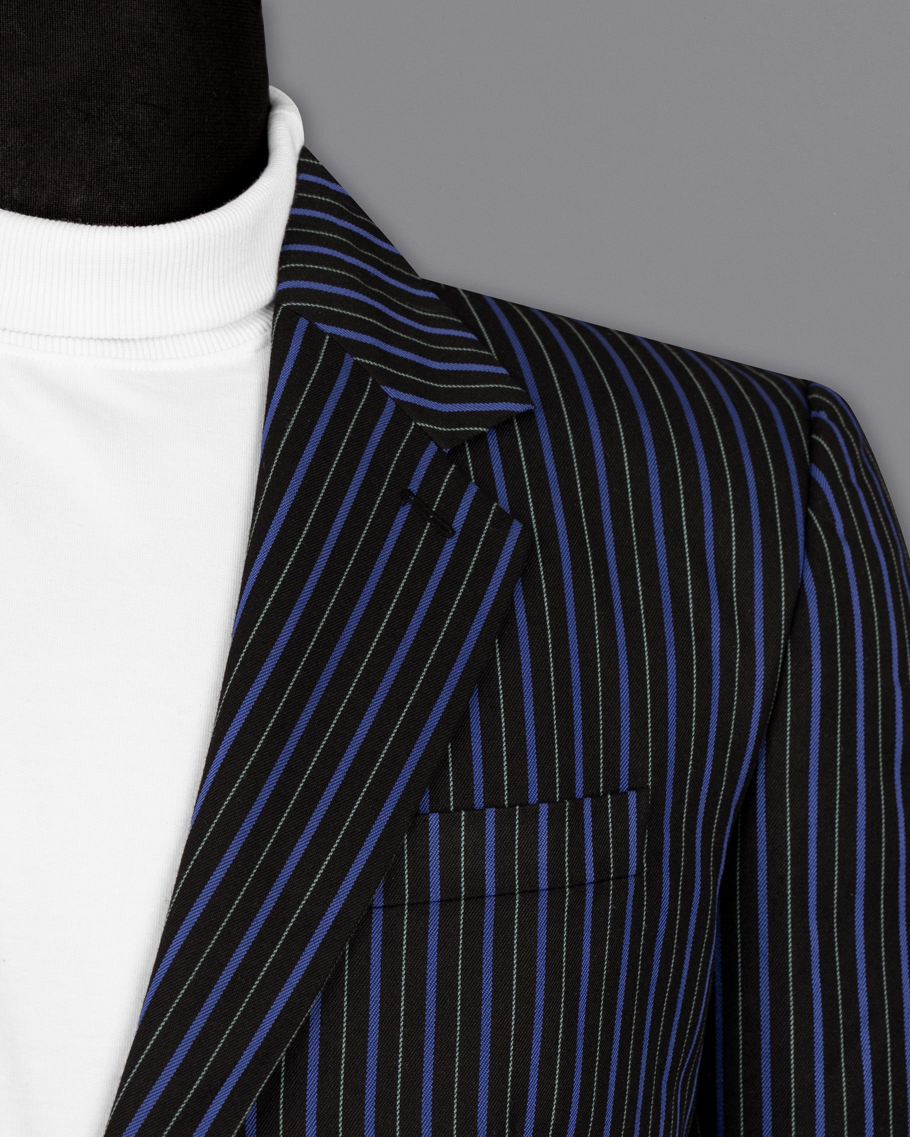 Jade Black and Mariner Blue Striped Woolrich Blazer BL1519-SB-36, BL1519-SB-38, BL1519-SB-40, BL1519-SB-42, BL1519-SB-44, BL1519-SB-46, BL1519-SB-48, BL1519-SB-50, BL1519-SB-52, BL1519-SB-54, BL1519-SB-56, BL1519-SB-58, BL1519-SB-60