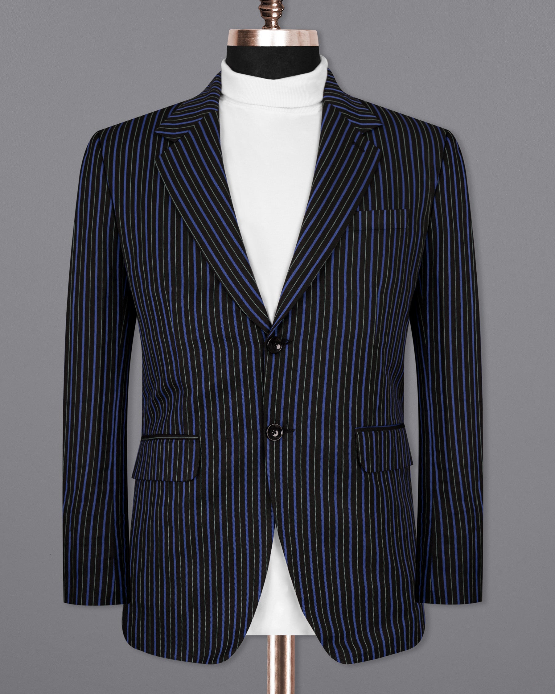 Jade Black and Mariner Blue Striped Woolrich Blazer BL1519-SB-36, BL1519-SB-38, BL1519-SB-40, BL1519-SB-42, BL1519-SB-44, BL1519-SB-46, BL1519-SB-48, BL1519-SB-50, BL1519-SB-52, BL1519-SB-54, BL1519-SB-56, BL1519-SB-58, BL1519-SB-60