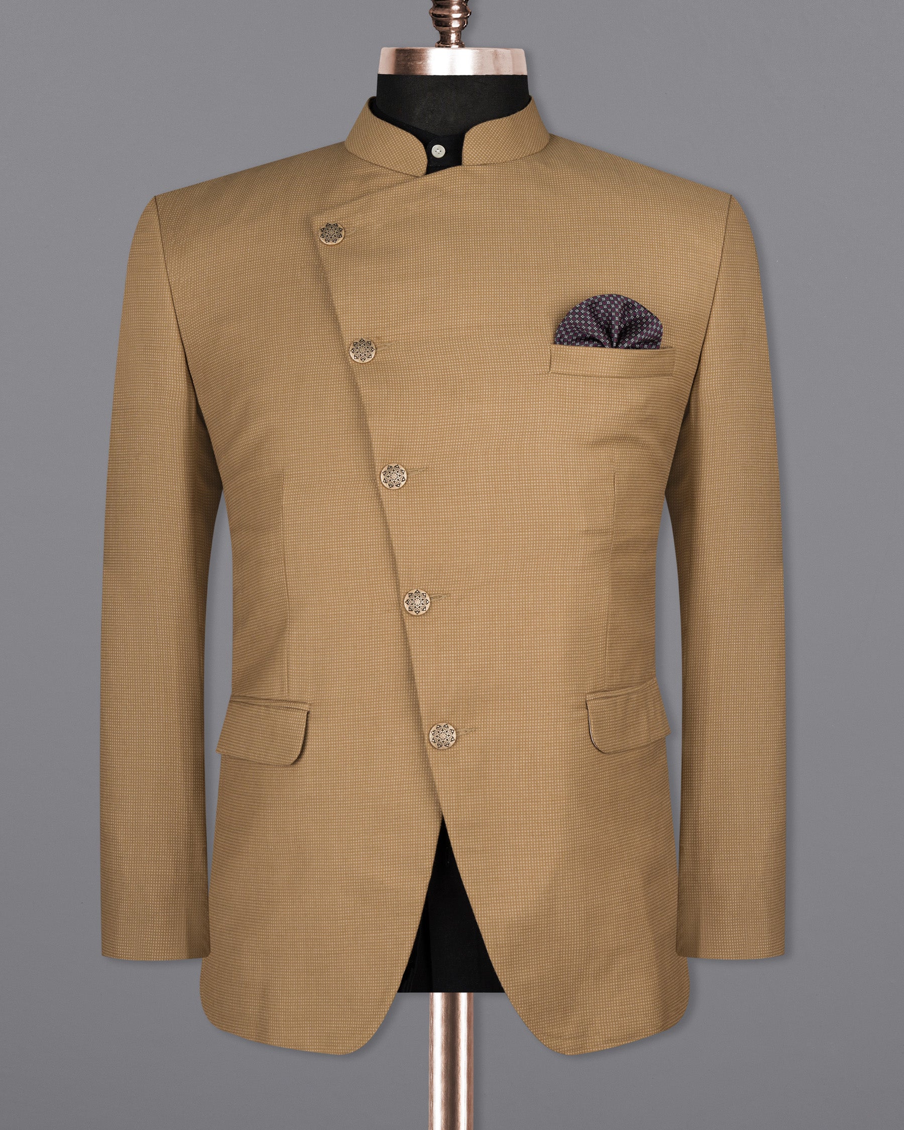 Oak Brown Cross Buttoned Bandhgala Premium Cotton Blazer BL1564-CBG-36, BL1564-CBG-38, BL1564-CBG-40, BL1564-CBG-42, BL1564-CBG-44, BL1564-CBG-46, BL1564-CBG-48, BL1564-CBG-50, BL1564-CBG-52, BL1564-CBG-54, BL1564-CBG-56, BL1564-CBG-58, BL1564-CBG-60