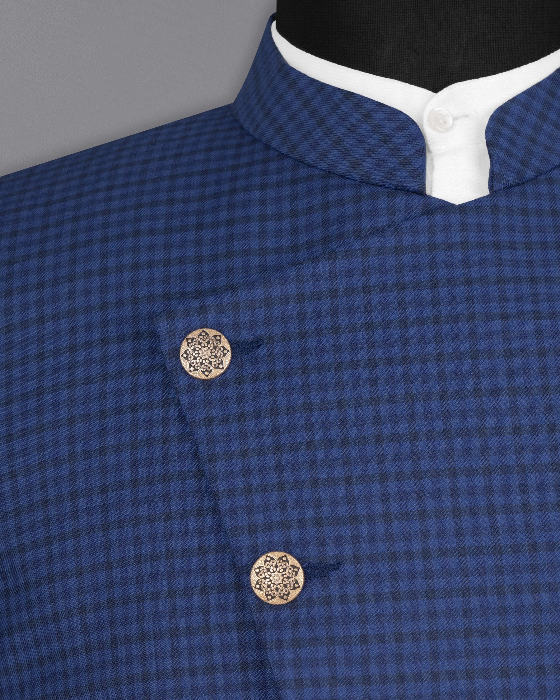 Rhino Blue Checkered Cross Buttoned Wool Rich Bandhgala Blazer BL1585-CBG-36, BL1585-CBG-38, BL1585-CBG-40, BL1585-CBG-42, BL1585-CBG-44, BL1585-CBG-46, BL1585-CBG-48, BL1585-CBG-50, BL1585-CBG-52, BL1585-CBG-54, BL1585-CBG-56, BL1585-CBG-58, BL1585-CBG-60