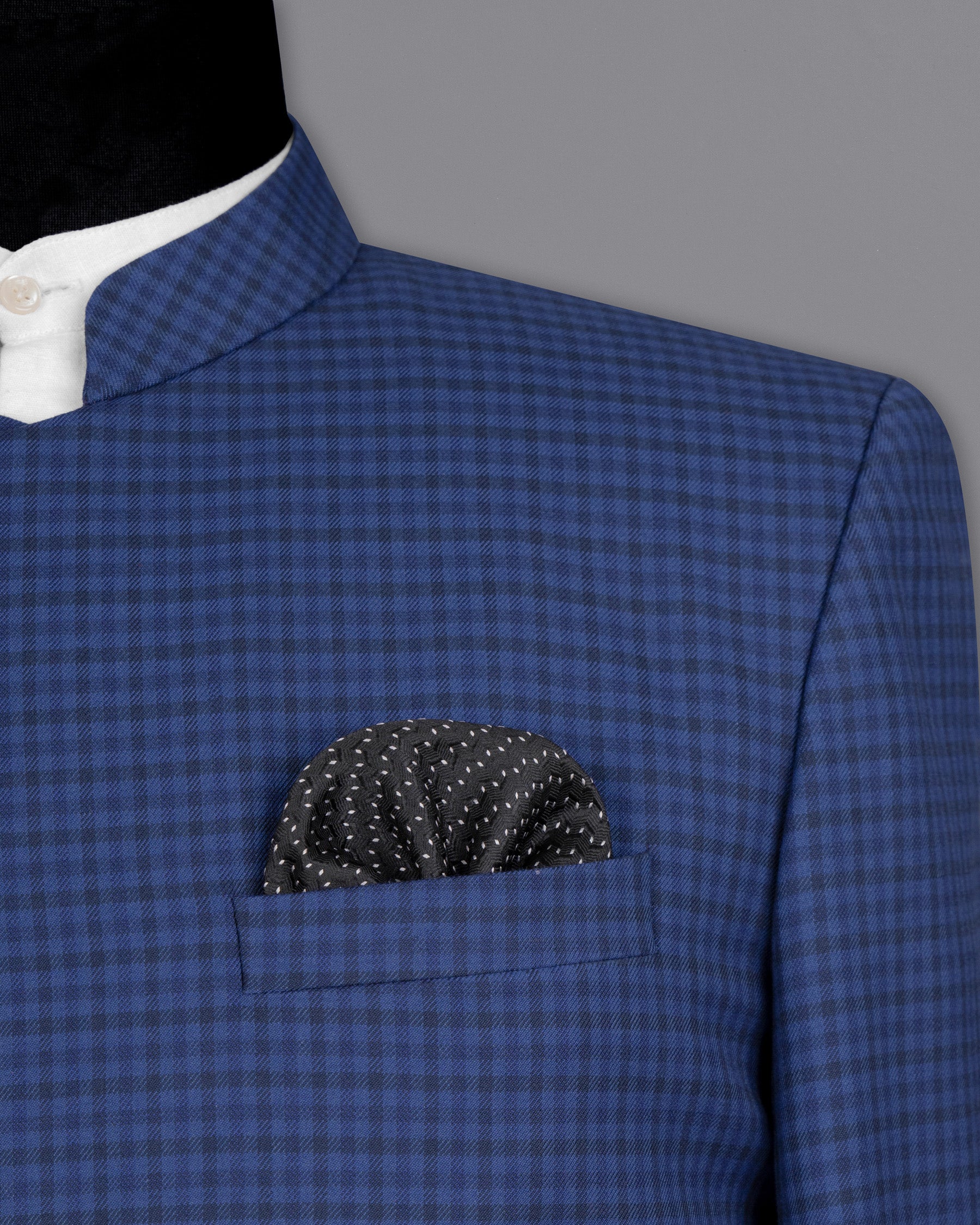 Rhino Blue Checkered Cross Buttoned Wool Rich Bandhgala Blazer BL1585-CBG-36, BL1585-CBG-38, BL1585-CBG-40, BL1585-CBG-42, BL1585-CBG-44, BL1585-CBG-46, BL1585-CBG-48, BL1585-CBG-50, BL1585-CBG-52, BL1585-CBG-54, BL1585-CBG-56, BL1585-CBG-58, BL1585-CBG-60