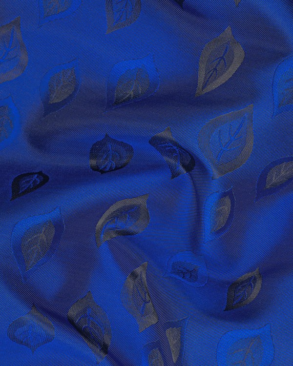 Royal Azure Blue Leaves Jacquard Textured Cross Buttoned Bandhgala Designer Blazer BL1678-CBG-36, BL1678-CBG-38, BL1678-CBG-40, BL1678-CBG-42, BL1678-CBG-44, BL1678-CBG-46, BL1678-CBG-48, BL1678-CBG-50, BL1678-CBG-52, BL1678-CBG-54, BL1678-CBG-56, BL1678-CBG-58, BL1678-CBG-60
