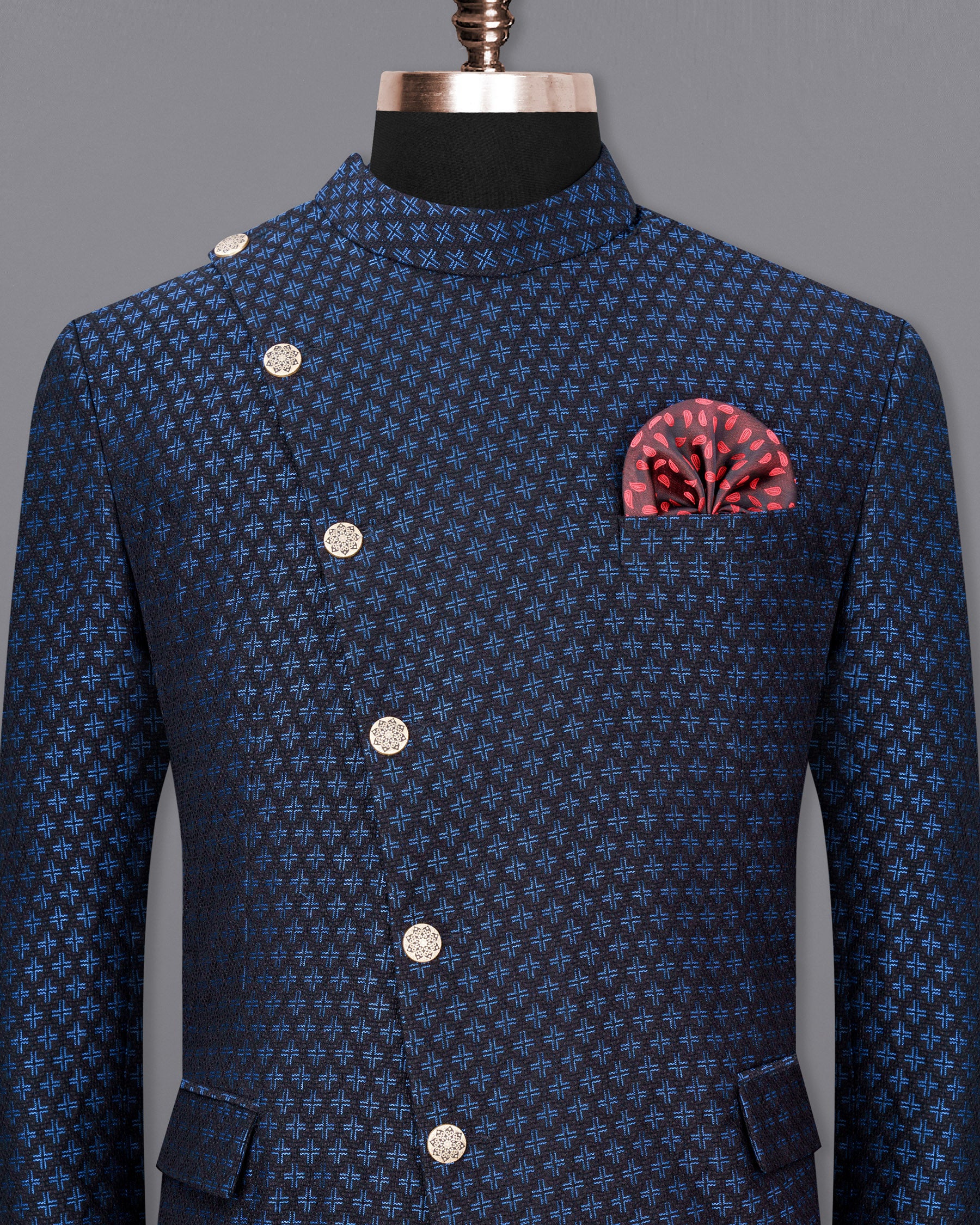 Jade Black and Mariner Blue Plus sign Textured Cross-Button Bandhgala Designer Blazer BL1815-CBG2-36,BL1815-CBG2-38,BL1815-CBG2-40,BL1815-CBG2-42,BL1815-CBG2-44,BL1815-CBG2-46,BL1815-CBG2-48,BL1815-CBG2-50,BL1815-CBG2-52,BL1815-CBG2-54,BL1815-CBG2-56,BL1815-CBG2-58,BL1815-CBG2-60