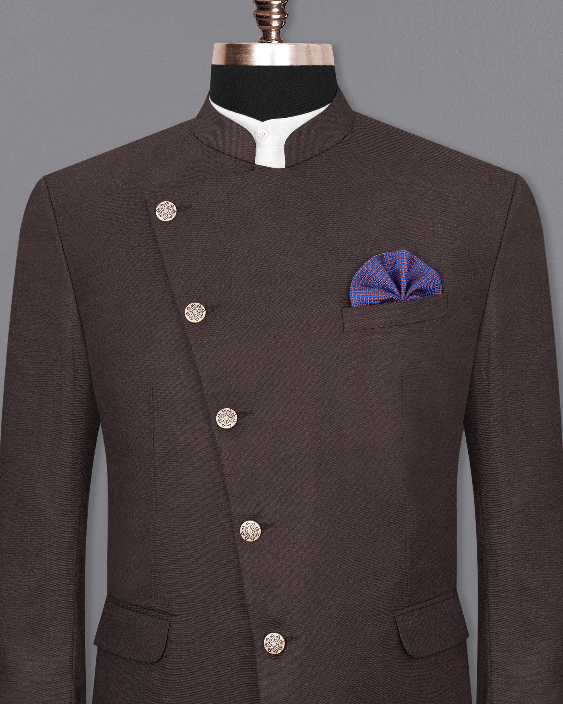 Piano Brown Cross Buttoned Bandhgala Blazer BL1829-CBG-36, BL1829-CBG-38, BL1829-CBG-40, BL1829-CBG-42, BL1829-CBG-44, BL1829-CBG-46, BL1829-CBG-48, BL1829-CBG-50, BL1829-CBG-52, BL1829-CBG-54, BL1829-CBG-56, BL1829-CBG-58, BL1829-CBG-60