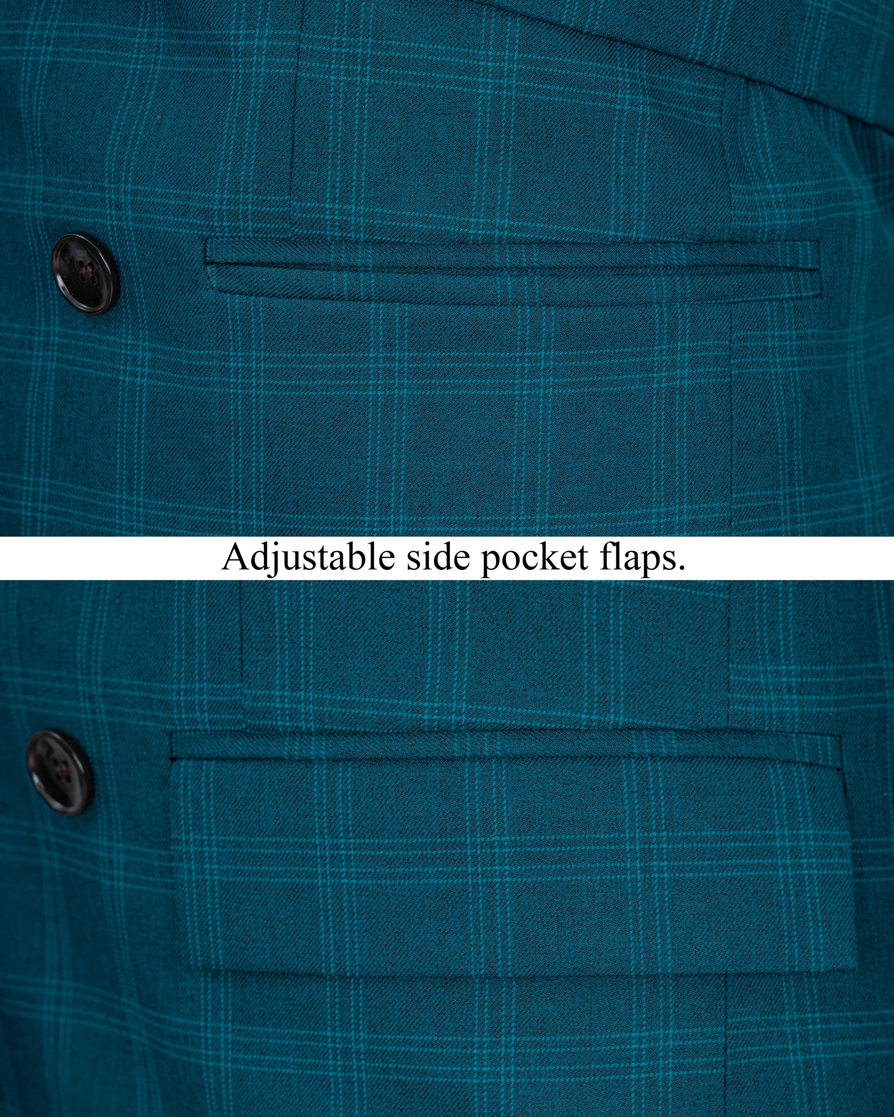 Dark Teal Plaid Double Breasted Strapped Blazer