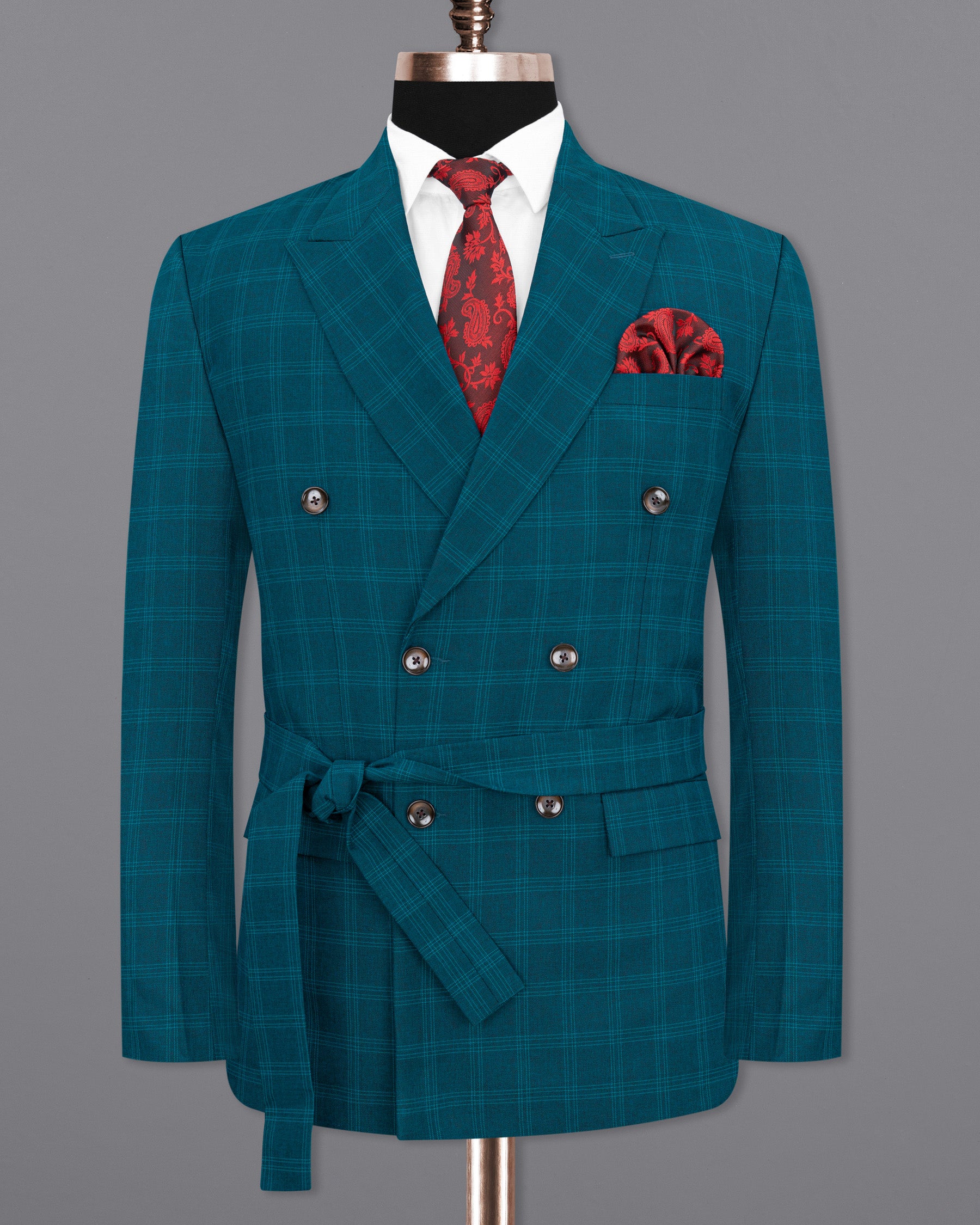 Dark Teal Plaid Double Breasted Strapped Blazer