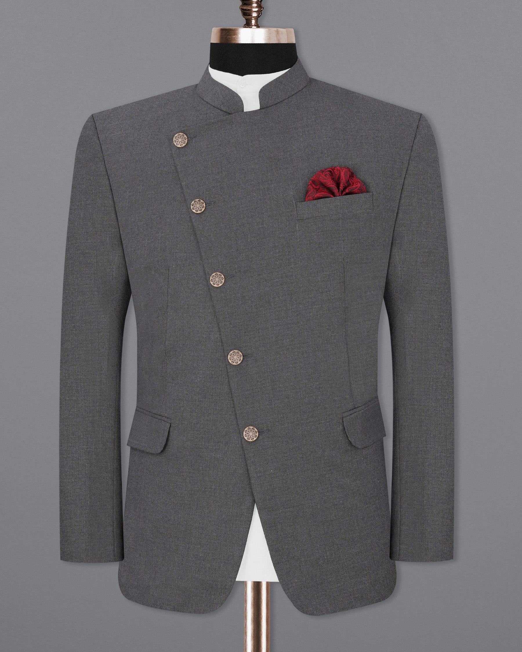 Vampire Gray Cross Buttoned Bandhgala Blazer BL1903-CBG-36,BL1903-CBG-38,BL1903-CBG-40,BL1903-CBG-42,BL1903-CBG-44,BL1903-CBG-46,BL1903-CBG-48,BL1903-CBG-50,BL1903-CBG-52,BL1903-CBG-54,BL1903-CBG-56,BL1903-CBG-58,BL1903-CBG-60