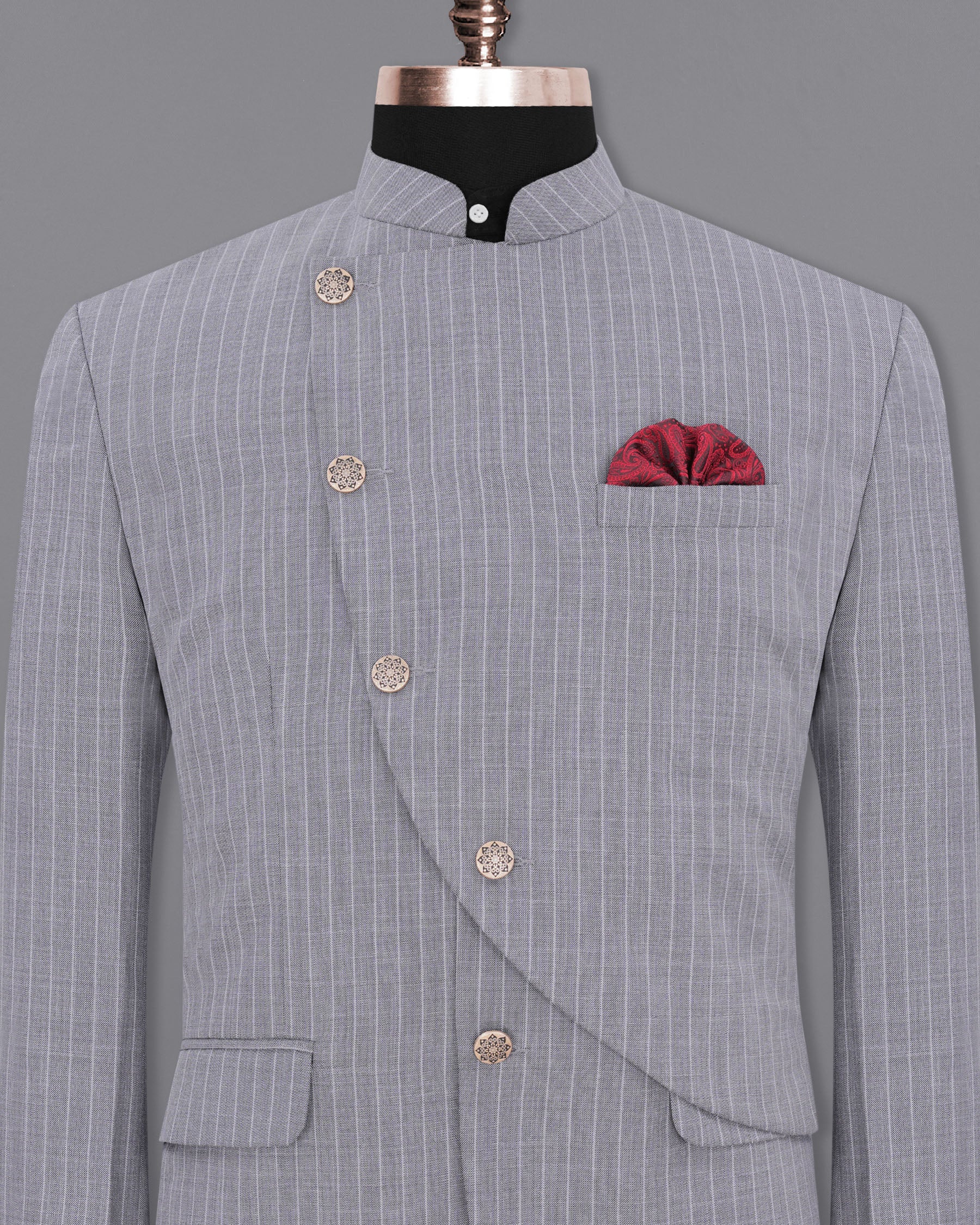 Mobster Grey Striped Cross Buttoned Bandhgala Designer Blazers BL1905-CBG-D44-36,BL1905-CBG-D44-38,BL1905-CBG-D44-40,BL1905-CBG-D44-42,BL1905-CBG-D44-44,BL1905-CBG-D44-46,BL1905-CBG-D44-48,BL1905-CBG-D44-50,BL1905-CBG-D44-52,BL1905-CBG-D44-54,BL1905-CBG-D44-56,BL1905-CBG-D44-58,BL1905-CBG-D44-60