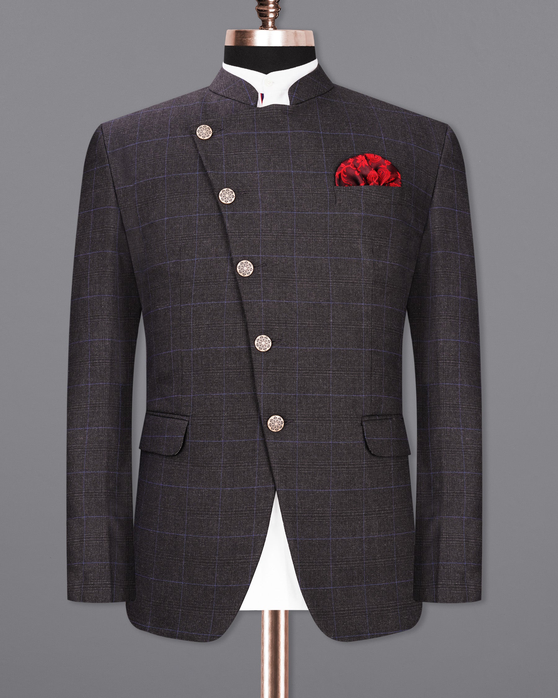 Eclipse Gray Windowpane Cross Buttoned Bandhgala Blazer BL1954-CBG-36, BL1954-CBG-38, BL1954-CBG-40, BL1954-CBG-42, BL1954-CBG-44, BL1954-CBG-46, BL1954-CBG-48, BL1954-CBG-50, BL1954-CBG-52, BL1954-CBG-54, BL1954-CBG-56, BL1954-CBG-58, BL1954-CBG-60