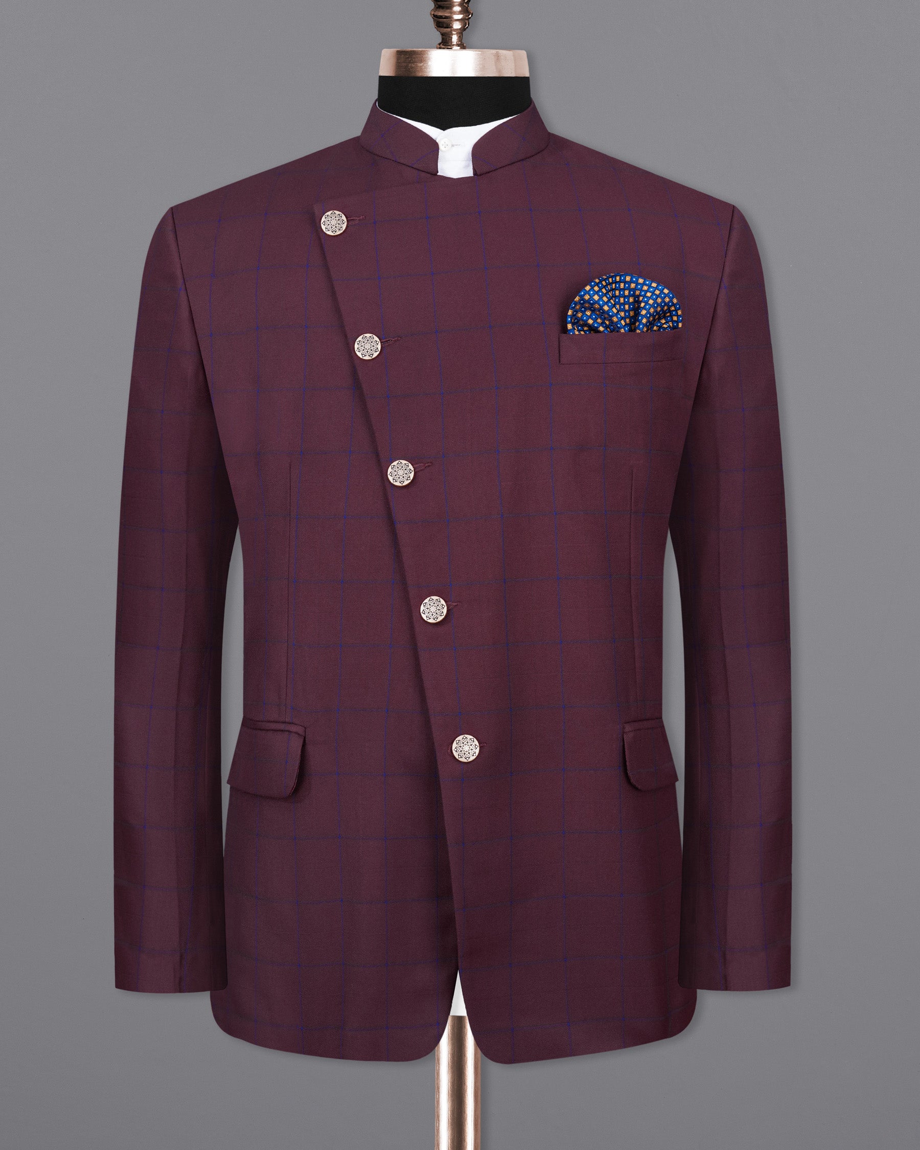 Wine Berry With Haiti Blue Windowpane Cross Buttoned Bandhgala Blazer BL2030-CBG-36, BL2030-CBG-38, BL2030-CBG-40, BL2030-CBG-42, BL2030-CBG-44, BL2030-CBG-46, BL2030-CBG-48, BL2030-CBG-50, BL2030-CBG-52, BL2030-CBG-54, BL2030-CBG-56, BL2030-CBG-58, BL2030-CBG-60