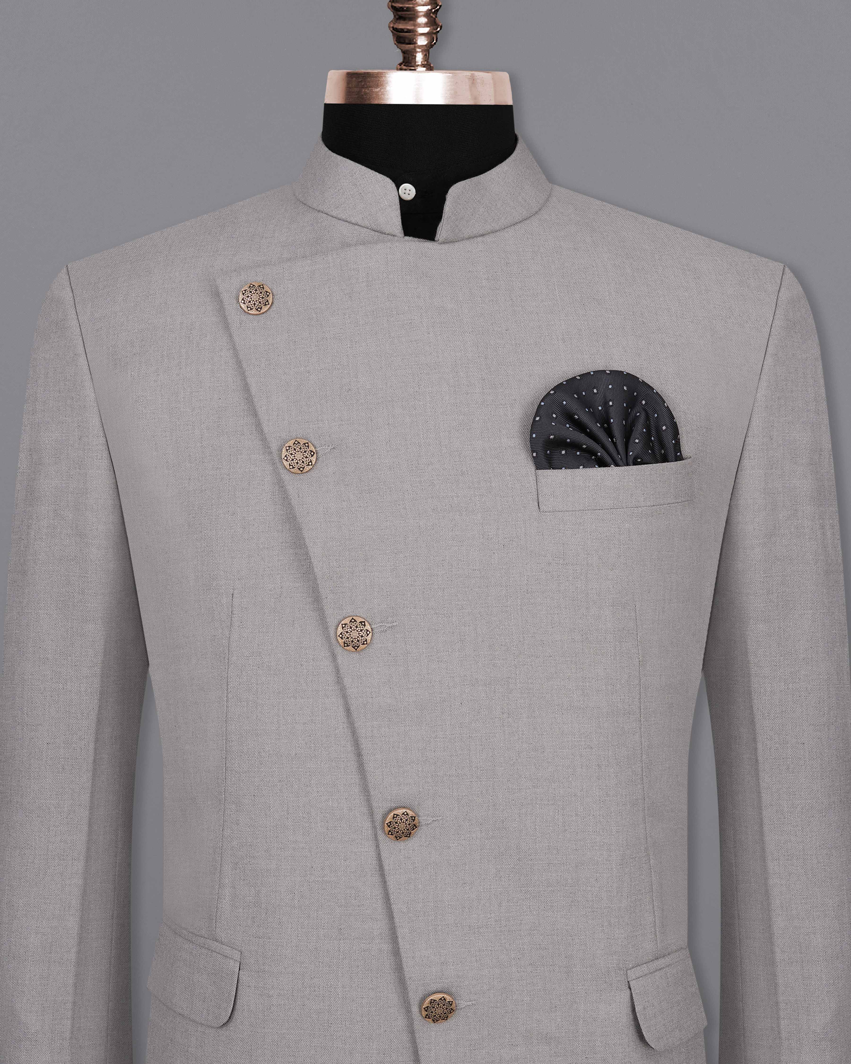 Spun Pearl Gray Cross Placket Bandhgala Blazer