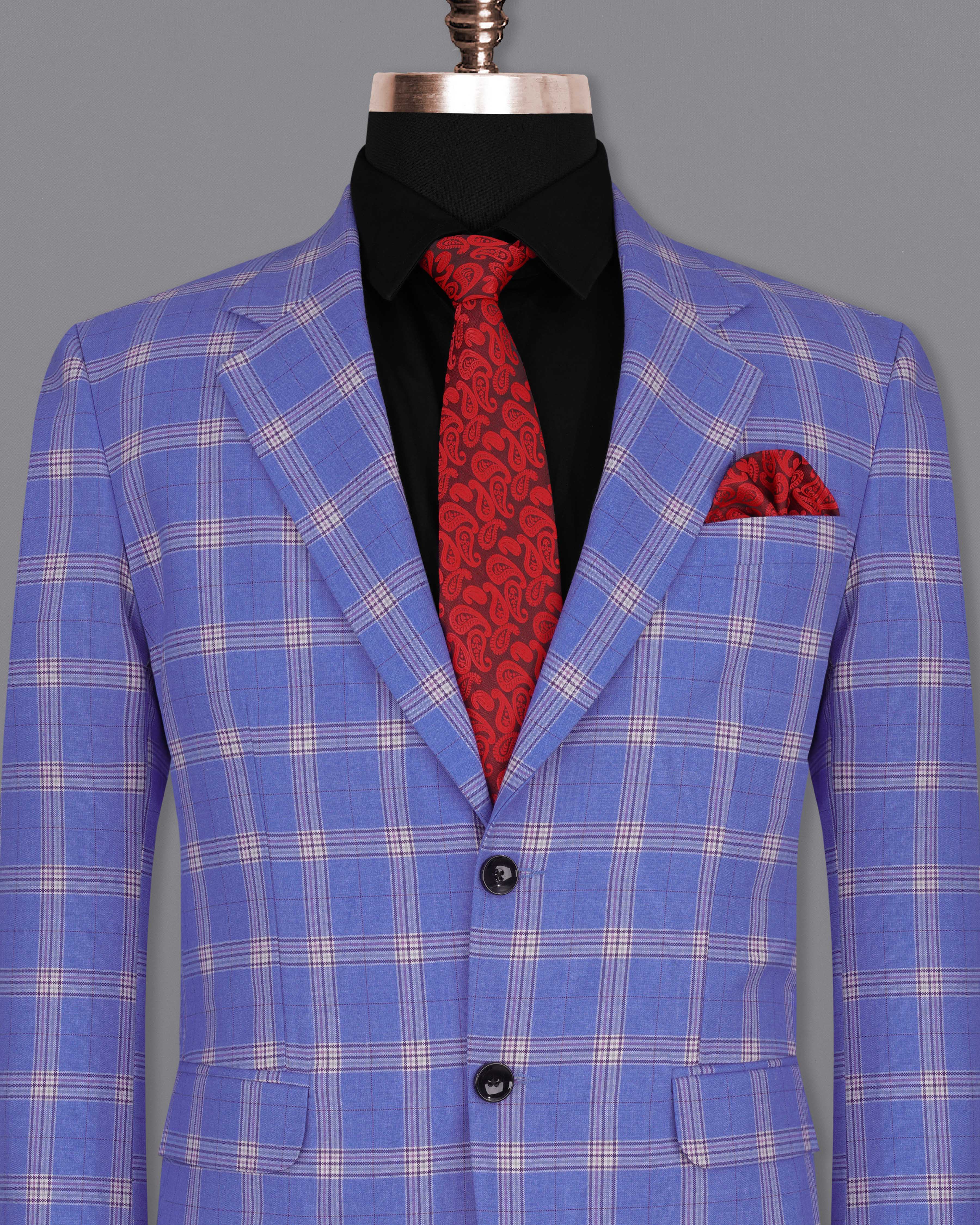 Glaucous Blue with Gainsboro Gray Plaid Single Breasted Blazer BL2057-SB-36, BL2057-SB-38, BL2057-SB-40, BL2057-SB-42, BL2057-SB-44, BL2057-SB-46, BL2057-SB-48, BL2057-SB-50, BL2057-SB-52, BL2057-SB-54, BL2057-SB-56, BL2057-SB-58, BL2057-SB-60