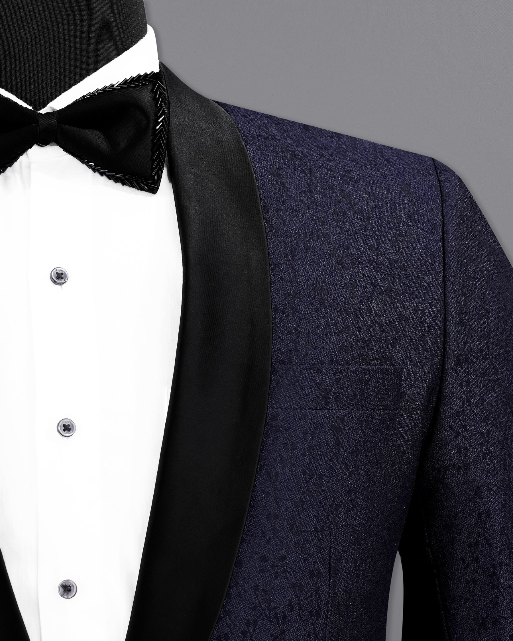 Bleached Cedar Navy Blue Ditzy Textured With Black Lapel Tuxedo Blazer BL2104-BKL-36, BL2104-BKL-38, BL2104-BKL-40, BL2104-BKL-42, BL2104-BKL-44, BL2104-BKL-46, BL2104-BKL-48, BL2104-BKL-50, BL2104-BKL-52, BL2104-BKL-54, BL2104-BKL-56, BL2104-BKL-58, BL2104-BKL-60