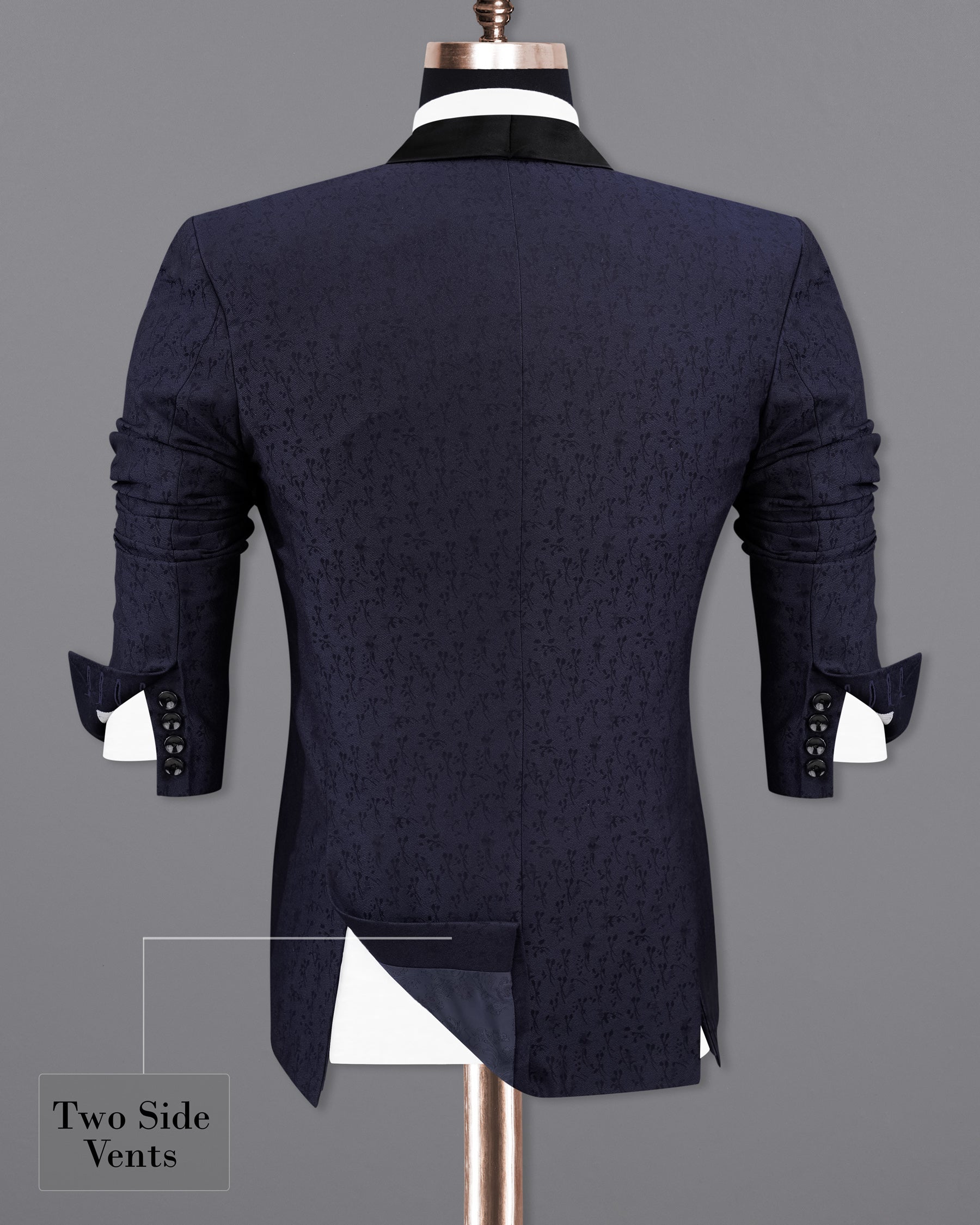 Bleached Cedar Navy Blue Ditzy Textured With Black Lapel Tuxedo Blazer BL2104-BKL-36, BL2104-BKL-38, BL2104-BKL-40, BL2104-BKL-42, BL2104-BKL-44, BL2104-BKL-46, BL2104-BKL-48, BL2104-BKL-50, BL2104-BKL-52, BL2104-BKL-54, BL2104-BKL-56, BL2104-BKL-58, BL2104-BKL-60