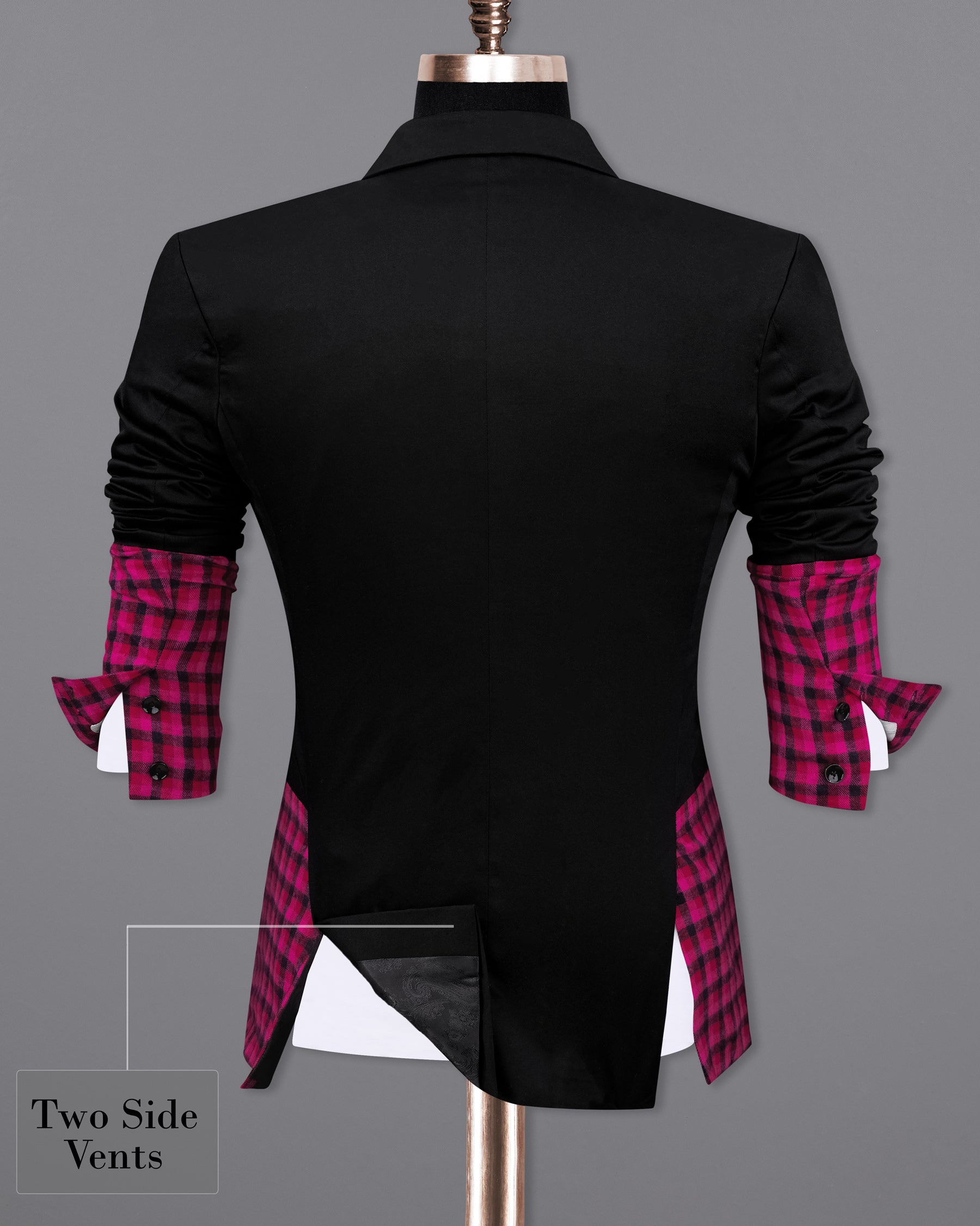 Half Black and Half Jazzberry Pink Checks Plaid Premium Terry Rayon Single Breasted Blazers for Men