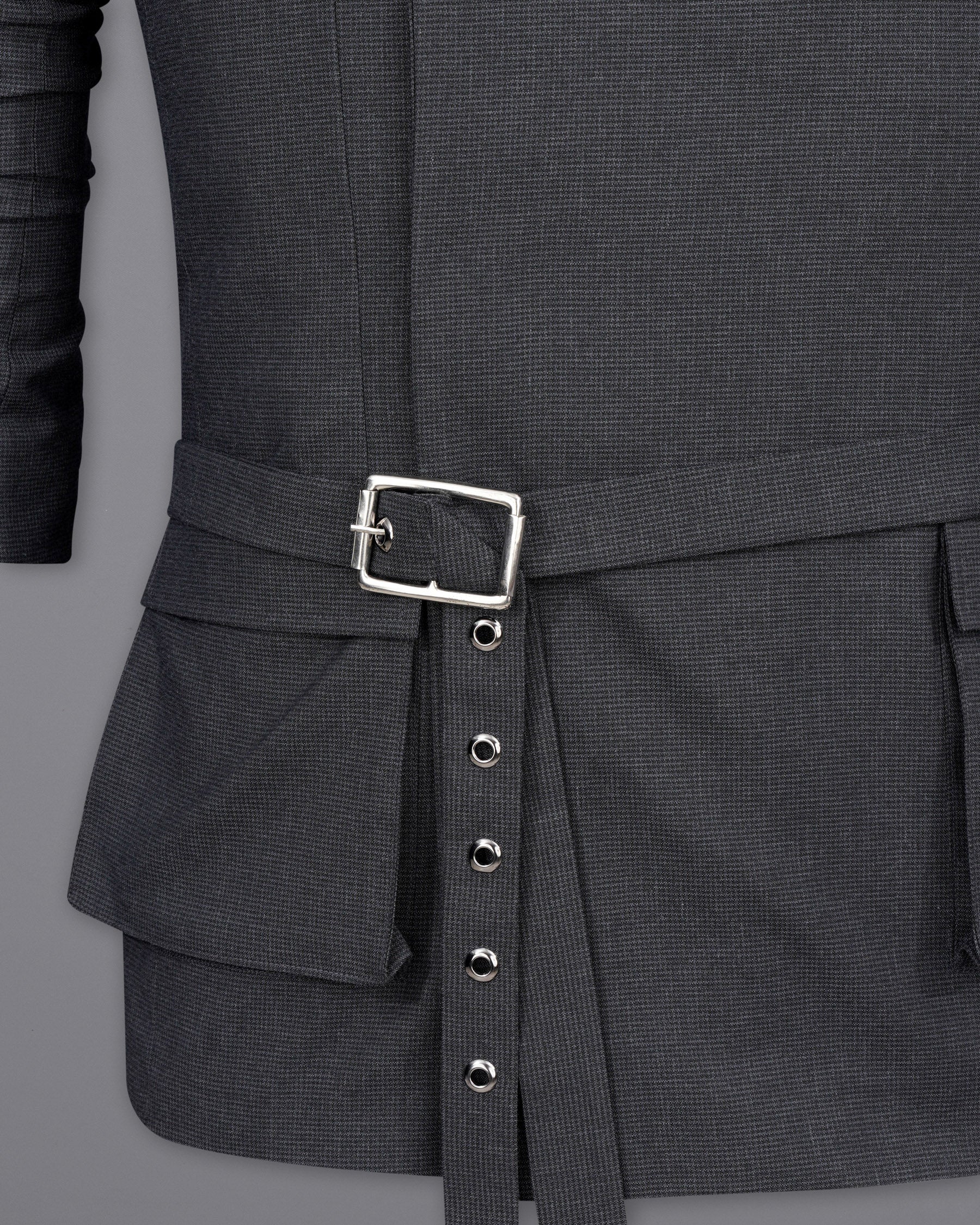 Bastille Dark Grey Double Breasted Designer Blazer with Belt Closure