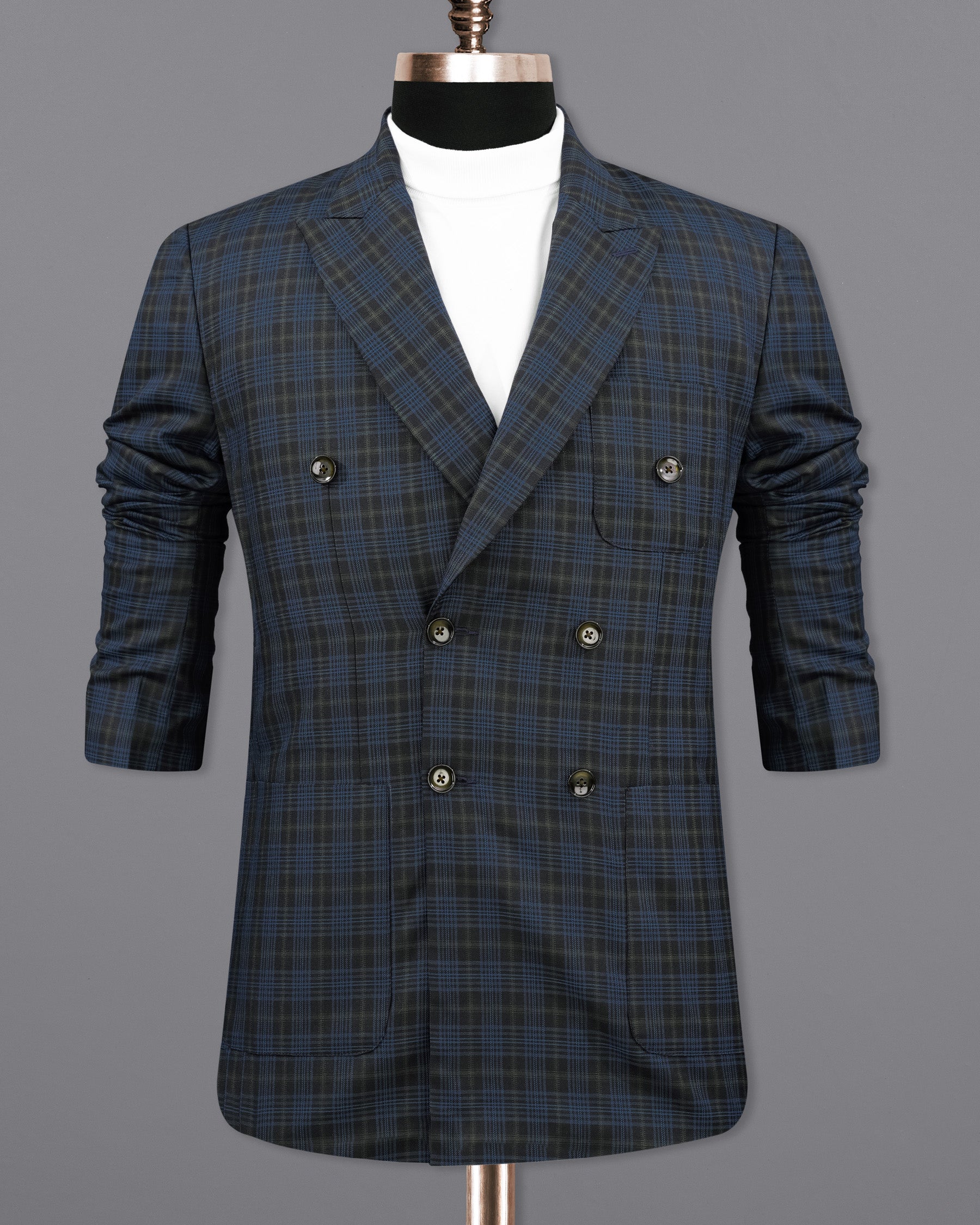 Fiord Navy Blue with Black Russian Plaid Double Breasted Sports Blazer