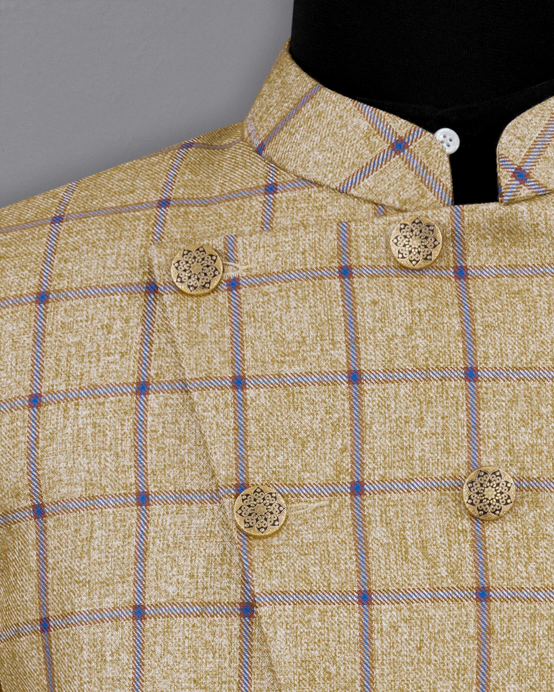 Mongoose Brown with Dianne Blue Windowpane Cross Placket Bandhgala Blazer