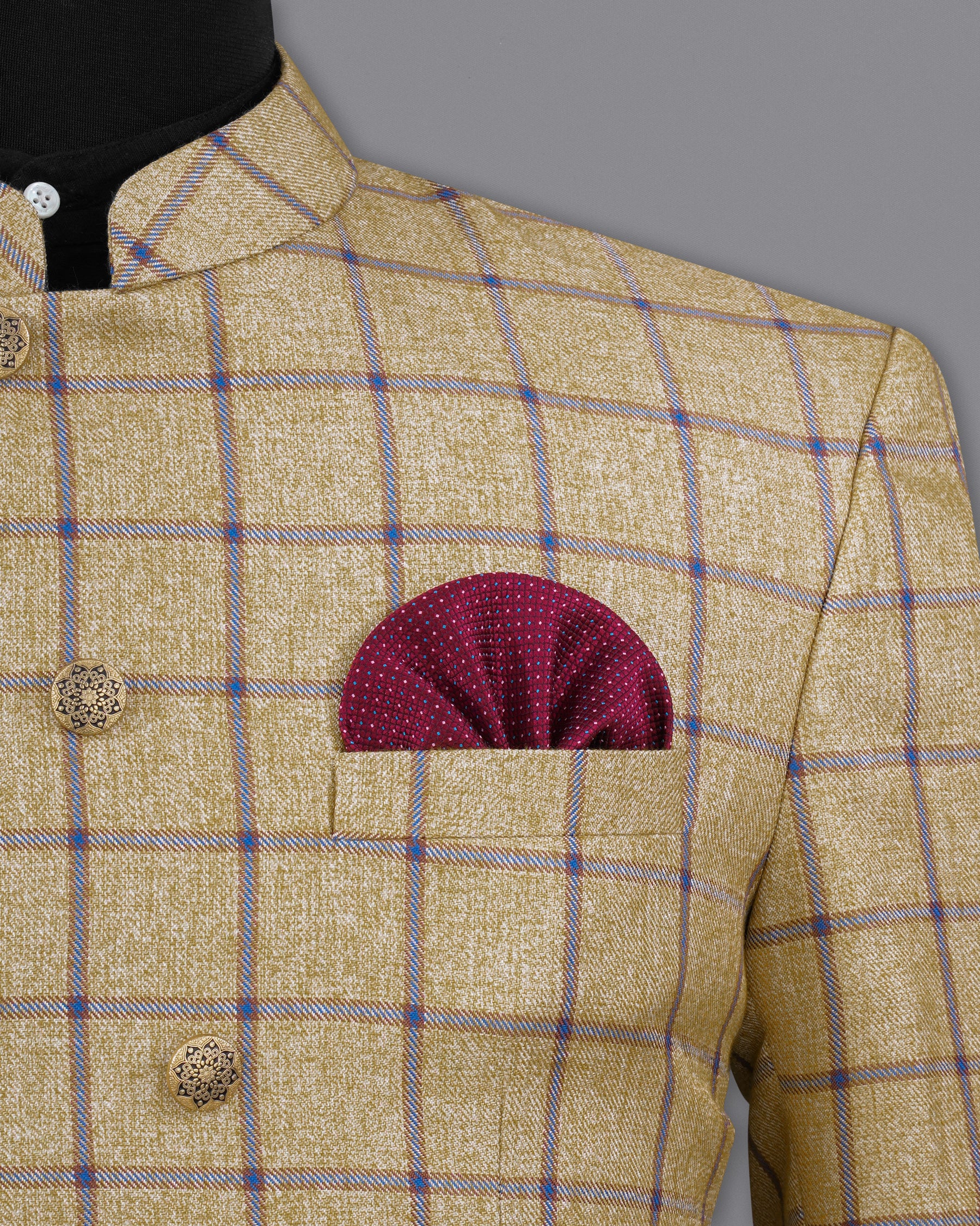 Mongoose Brown with Dianne Blue Windowpane Cross Placket Bandhgala Blazer