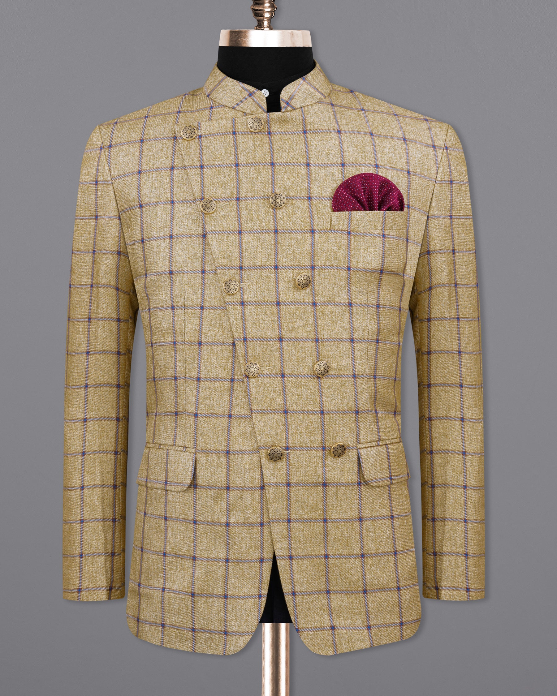 Mongoose Brown with Dianne Blue Windowpane Cross Placket Bandhgala Blazer