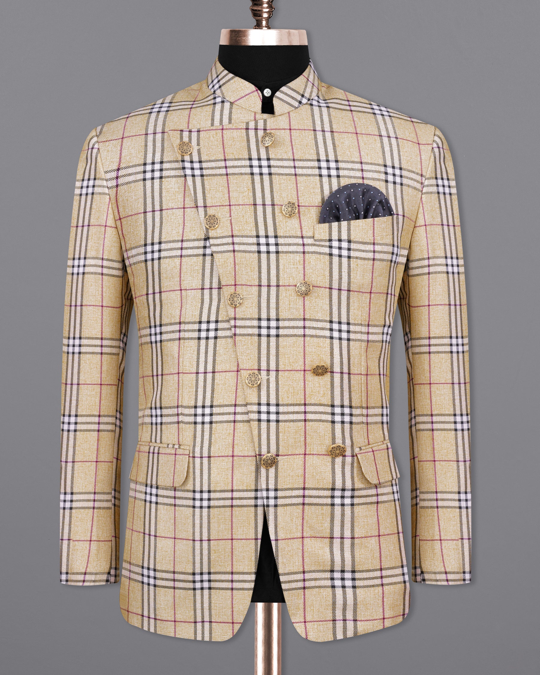 Sorrell Brown with Acadia Black Plaid Cross Placket Bandhgala Blazer