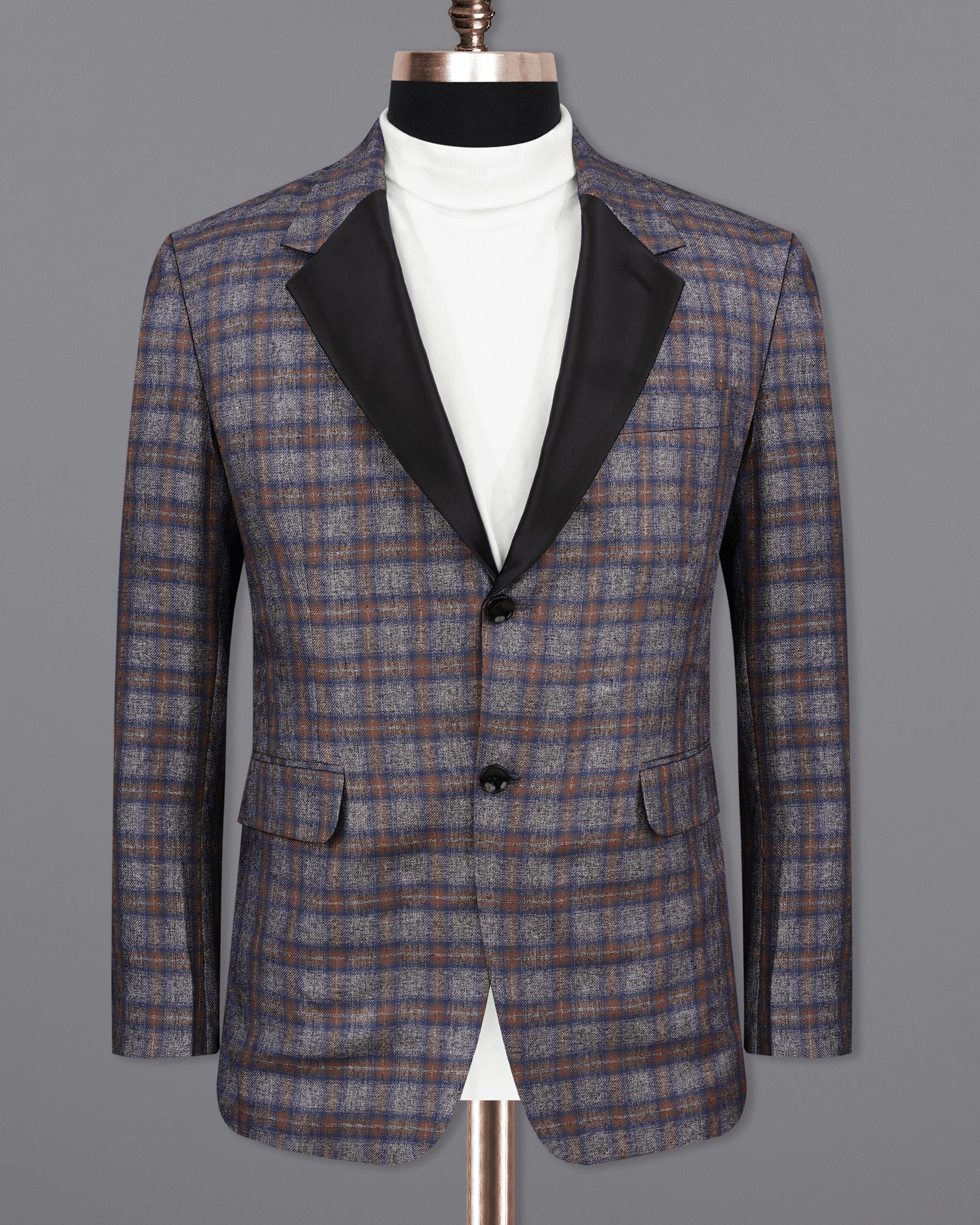 Fuscous Gray Checkered Single Breasted Black Lapel Designer Blazer BL2144-SB-BKPL-36, BL2144-SB-BKPL-38, BL2144-SB-BKPL-40, BL2144-SB-BKPL-42, BL2144-SB-BKPL-44, BL2144-SB-BKPL-46, BL2144-SB-BKPL-48, BL2144-SB-BKPL-50, BL2144-SB-BKPL-52, BL2144-SB-BKPL-54, BL2144-SB-BKPL-56, BL2144-SB-BKPL-58, BL2144-SB-BKPL-60