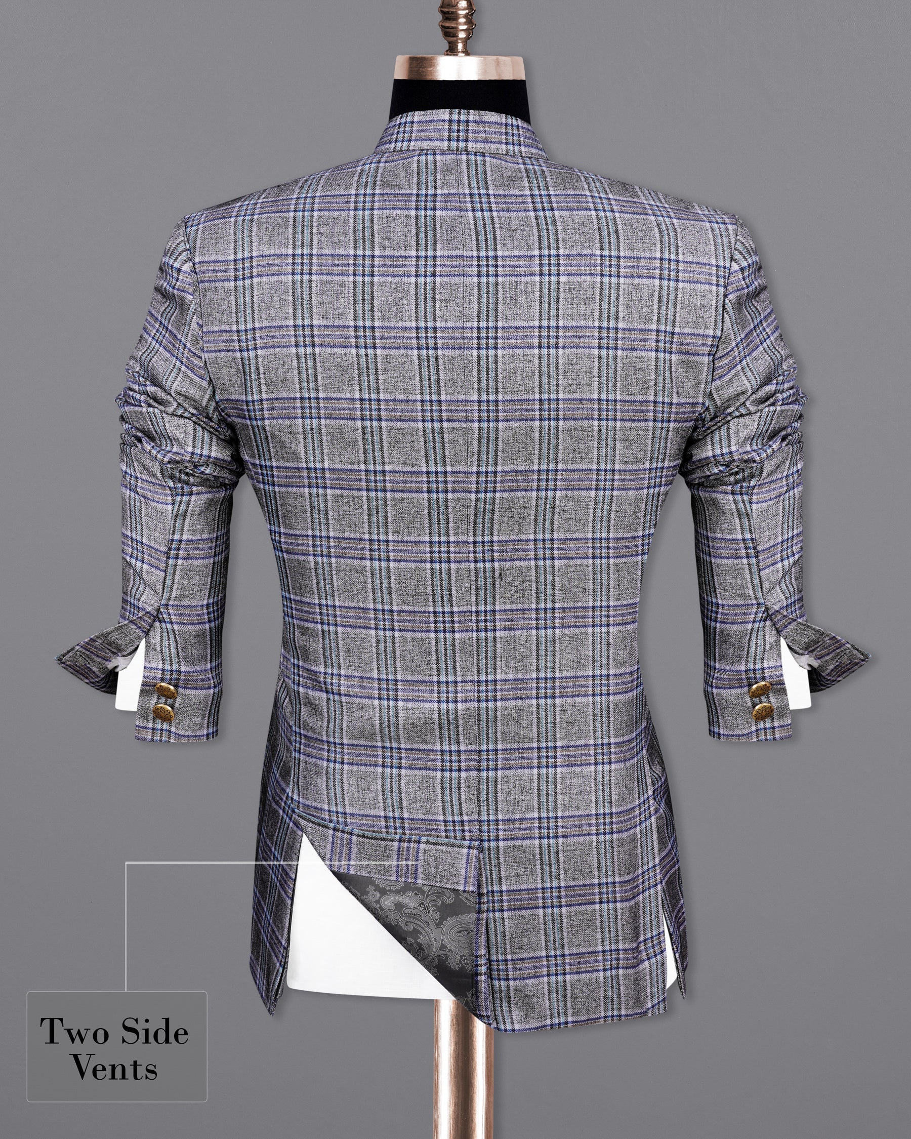 StarDust Gray with Martinique Blue Plaid Bandhgala Blazer BL2145-BG-36, BL2145-BG-38, BL2145-BG-40, BL2145-BG-42, BL2145-BG-44, BL2145-BG-46, BL2145-BG-48, BL2145-BG-50, BL2145-BG-52, BL2145-BG-54, BL2145-BG-56, BL2145-BG-58, BL2145-BG-60
