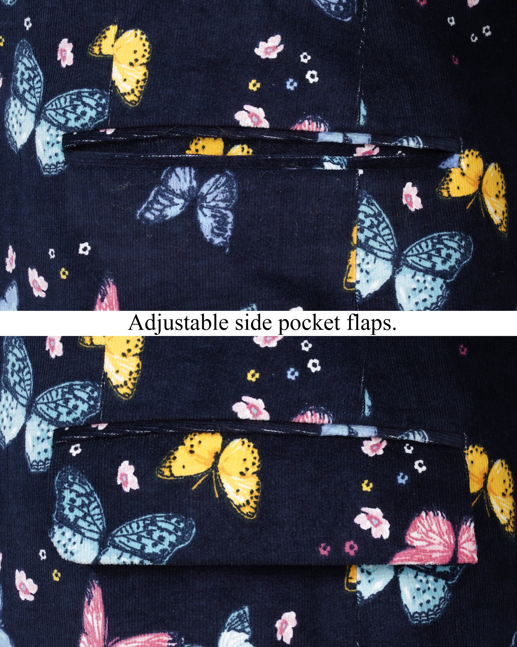 Cider Navy Blue Butterfly Printed Premium Cotton Designer Blazer BL2156-SB-36, BL2156-SB-38, BL2156-SB-40, BL2156-SB-42, BL2156-SB-44, BL2156-SB-46, BL2156-SB-48, BL2156-SB-50, BL2156-SB-52, BL2156-SB-54, BL2156-SB-56, BL2156-SB-58, BL2156-SB-60