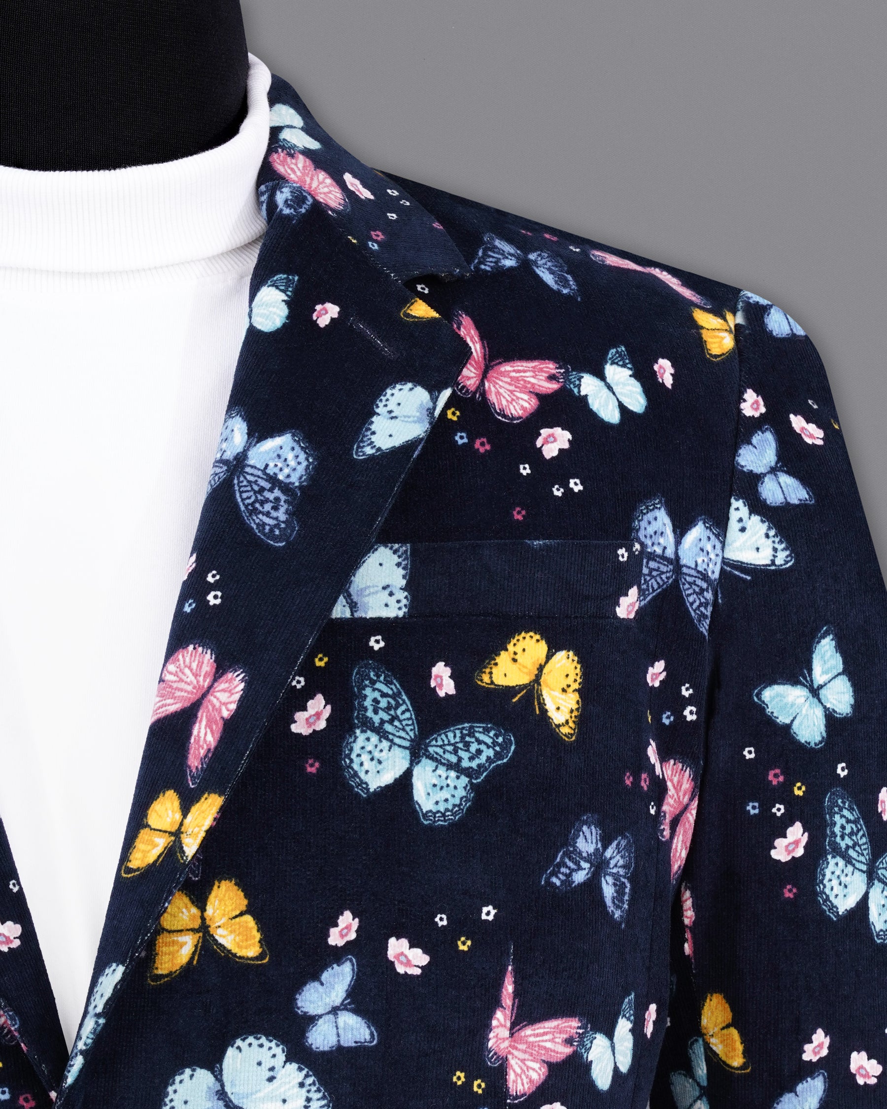 Cider Navy Blue Butterfly Printed Premium Cotton Designer Blazer BL2156-SB-36, BL2156-SB-38, BL2156-SB-40, BL2156-SB-42, BL2156-SB-44, BL2156-SB-46, BL2156-SB-48, BL2156-SB-50, BL2156-SB-52, BL2156-SB-54, BL2156-SB-56, BL2156-SB-58, BL2156-SB-60