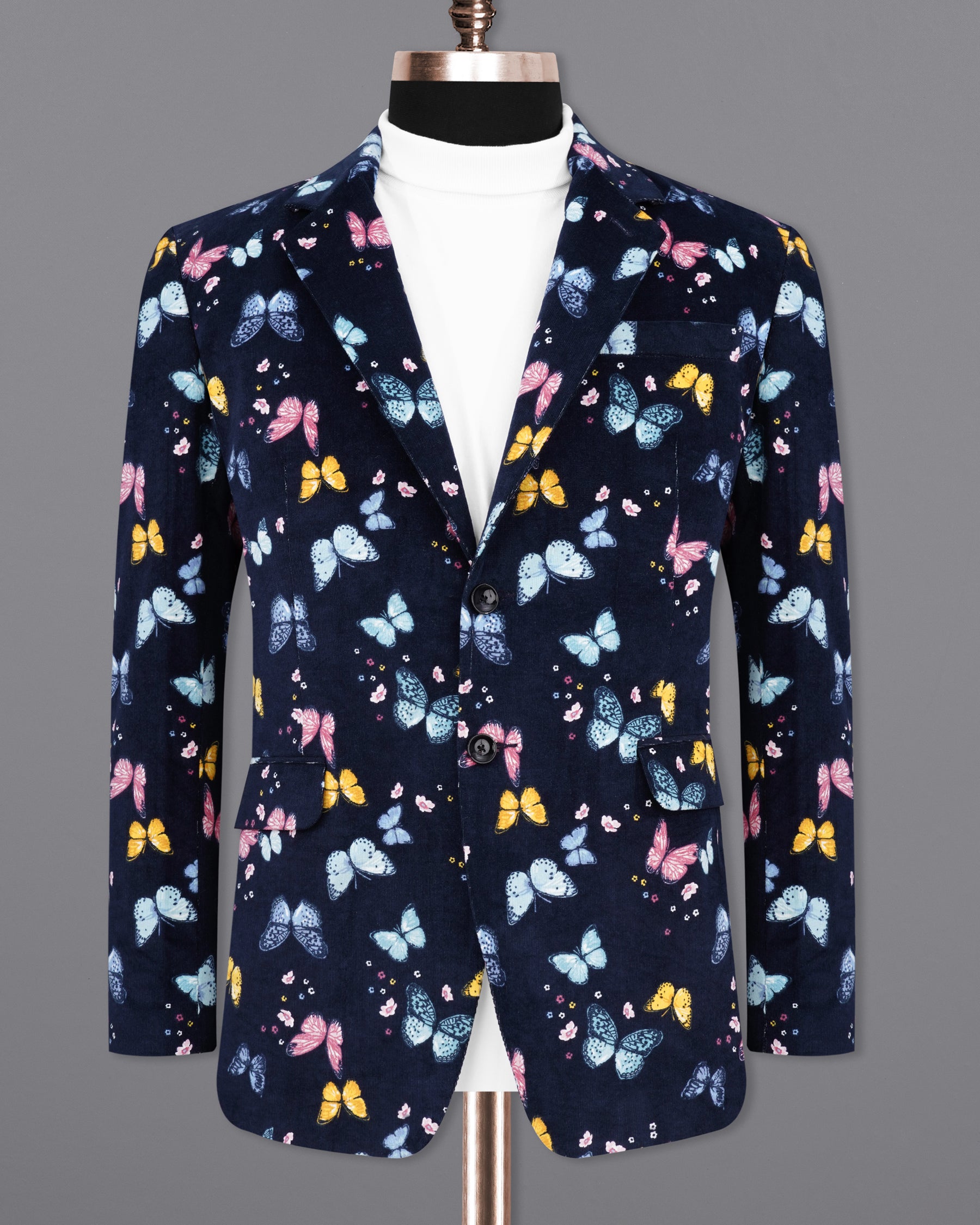 Cider Navy Blue Butterfly Printed Premium Cotton Designer Blazer BL2156-SB-36, BL2156-SB-38, BL2156-SB-40, BL2156-SB-42, BL2156-SB-44, BL2156-SB-46, BL2156-SB-48, BL2156-SB-50, BL2156-SB-52, BL2156-SB-54, BL2156-SB-56, BL2156-SB-58, BL2156-SB-60