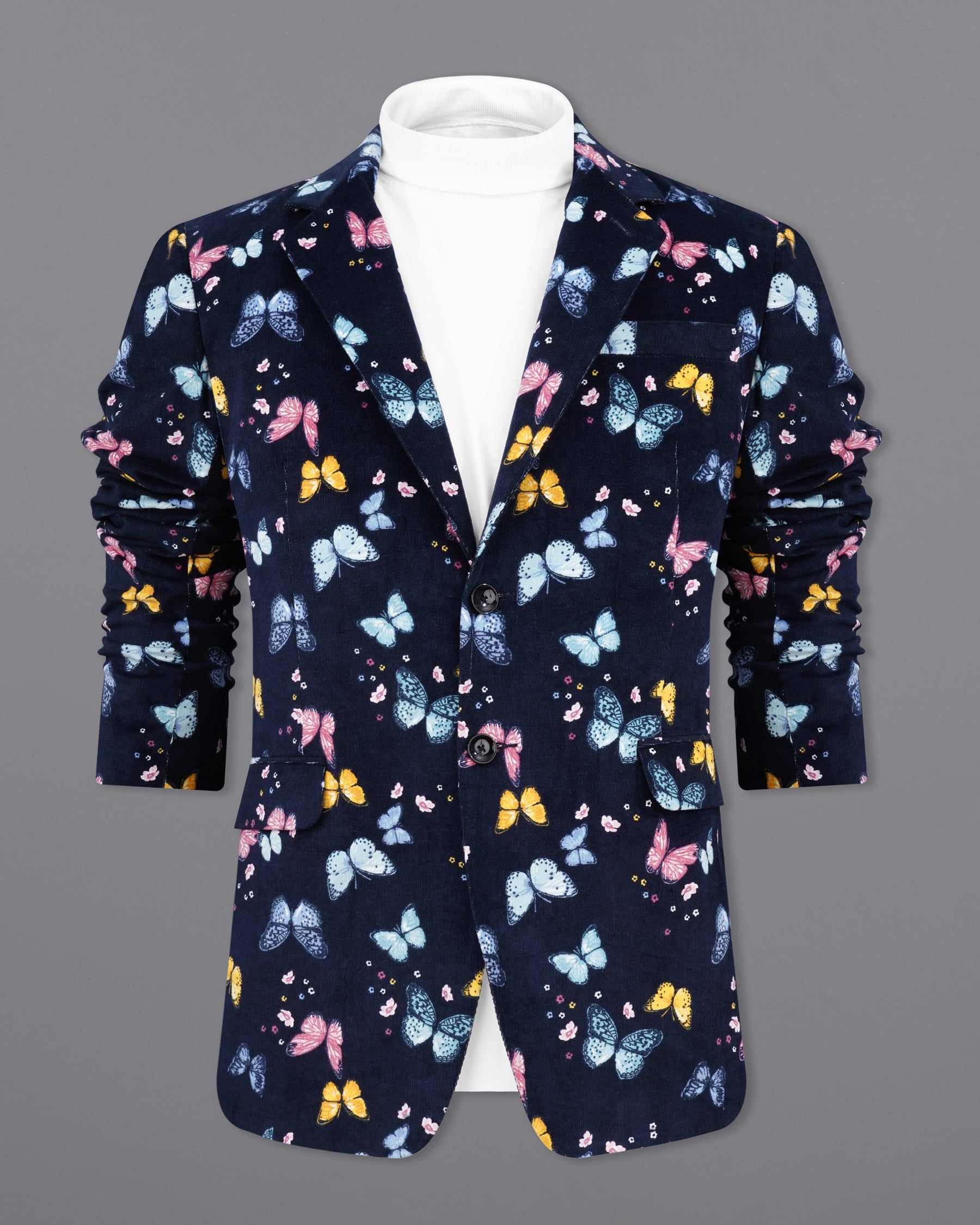 Cider Navy Blue Butterfly Printed Premium Cotton Designer Blazer BL2156-SB-36, BL2156-SB-38, BL2156-SB-40, BL2156-SB-42, BL2156-SB-44, BL2156-SB-46, BL2156-SB-48, BL2156-SB-50, BL2156-SB-52, BL2156-SB-54, BL2156-SB-56, BL2156-SB-58, BL2156-SB-60