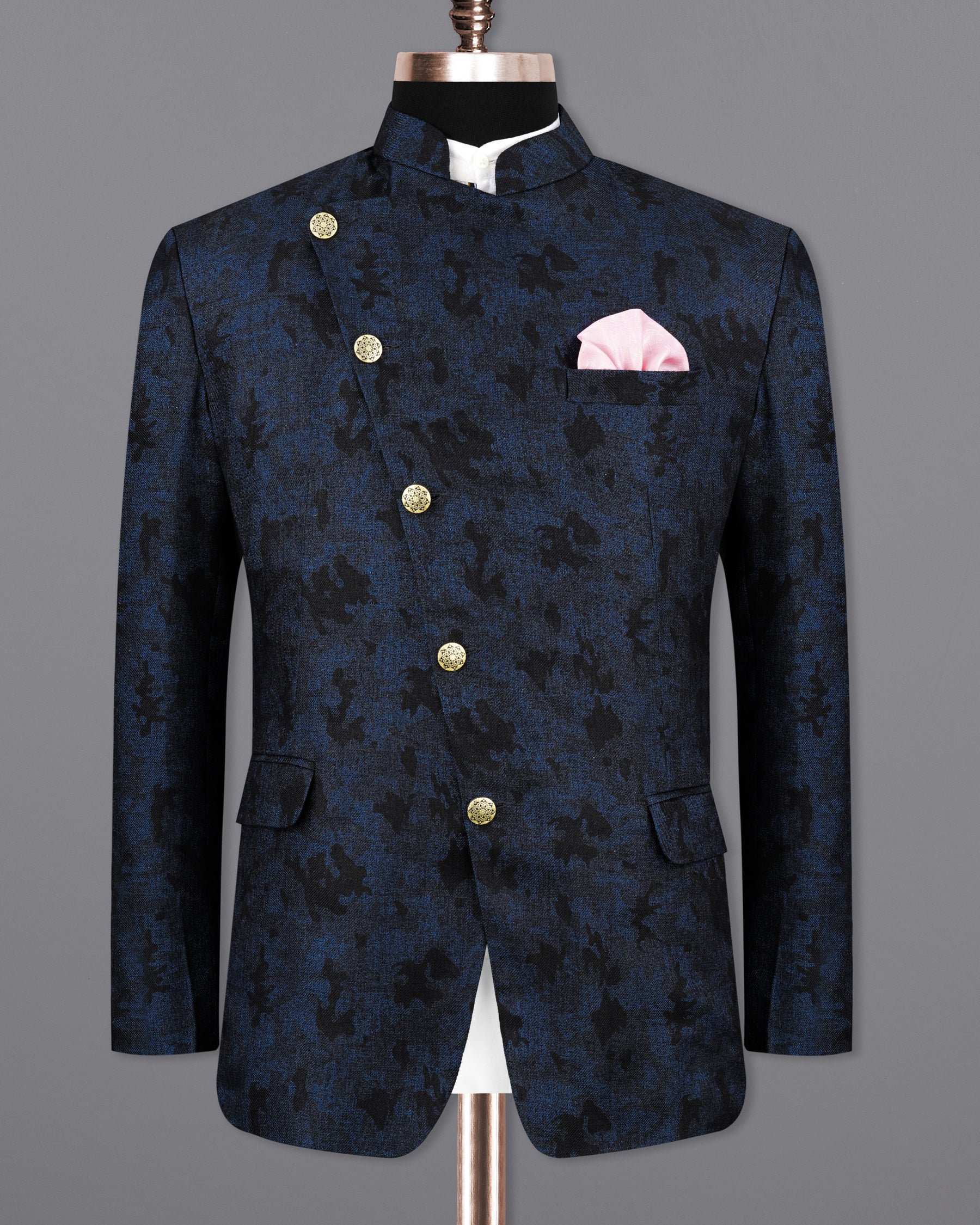 Gunmetal Navy Blue with Jade Black Chintz Textured Cross Buttoned Bandhgala Designer Blazer BL2158-CBG-36, BL2158-CBG-38, BL2158-CBG-40, BL2158-CBG-42, BL2158-CBG-44, BL2158-CBG-46, BL2158-CBG-48, BL2158-CBG-50, BL2158-CBG-52, BL2158-CBG-54, BL2158-CBG-56, BL2158-CBG-58, BL2158-CBG-60