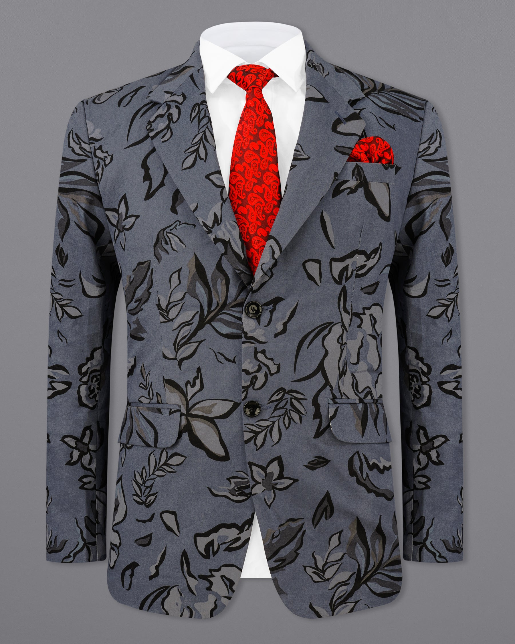 Scarpa Blue with Hurrican Gray Leaves Printed Premium Cotton Designer Blazer BL2164-SB-36, BL2164-SB-38, BL2164-SB-40, BL2164-SB-42, BL2164-SB-44, BL2164-SB-46, BL2164-SB-48, BL2164-SB-50, BL2164-SB-52, BL2164-SB-54, BL2164-SB-56, BL2164-SB-58, BL2164-SB-60