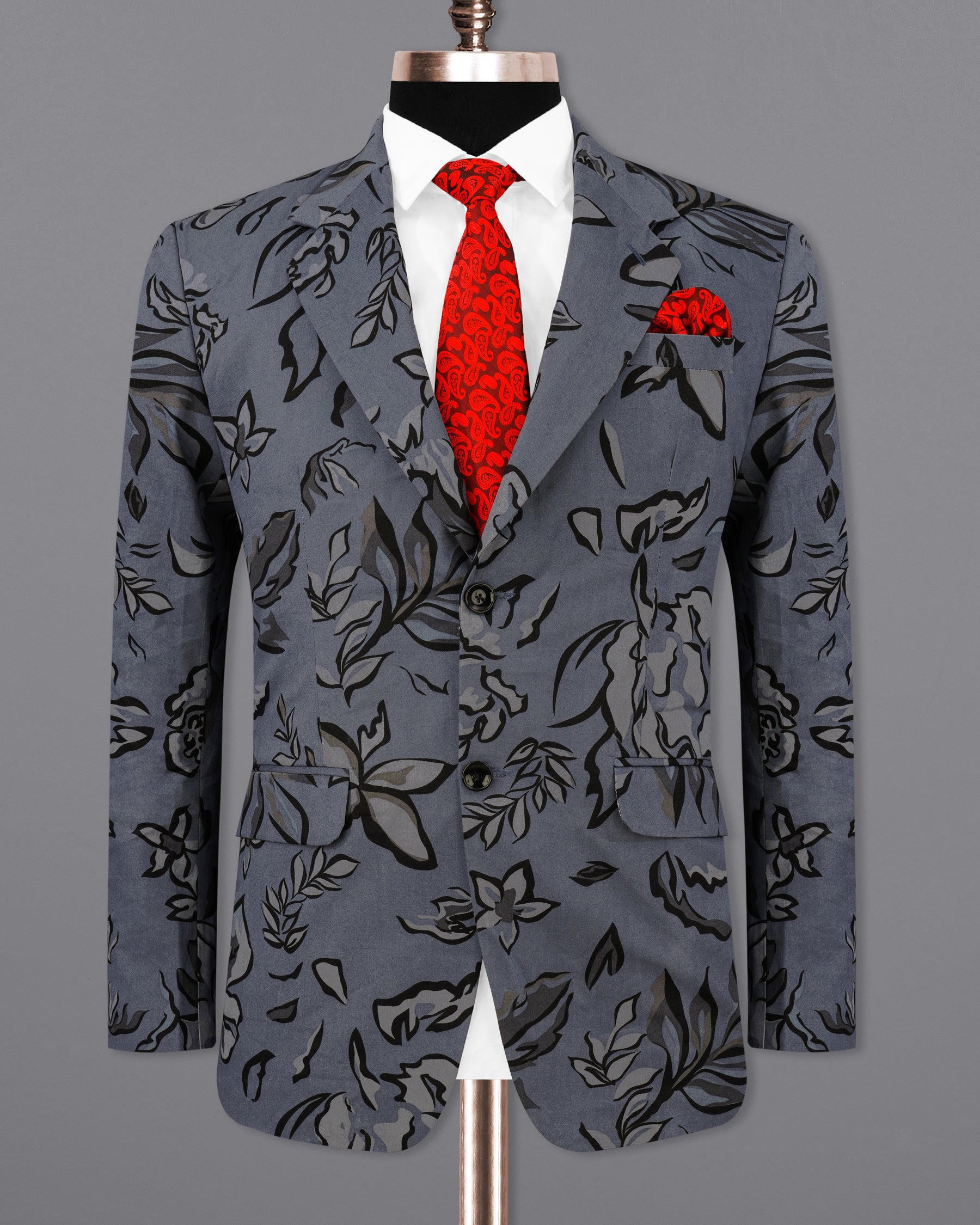 Scarpa Blue with Hurrican Gray Leaves Printed Premium Cotton Designer Blazer BL2164-SB-36, BL2164-SB-38, BL2164-SB-40, BL2164-SB-42, BL2164-SB-44, BL2164-SB-46, BL2164-SB-48, BL2164-SB-50, BL2164-SB-52, BL2164-SB-54, BL2164-SB-56, BL2164-SB-58, BL2164-SB-60