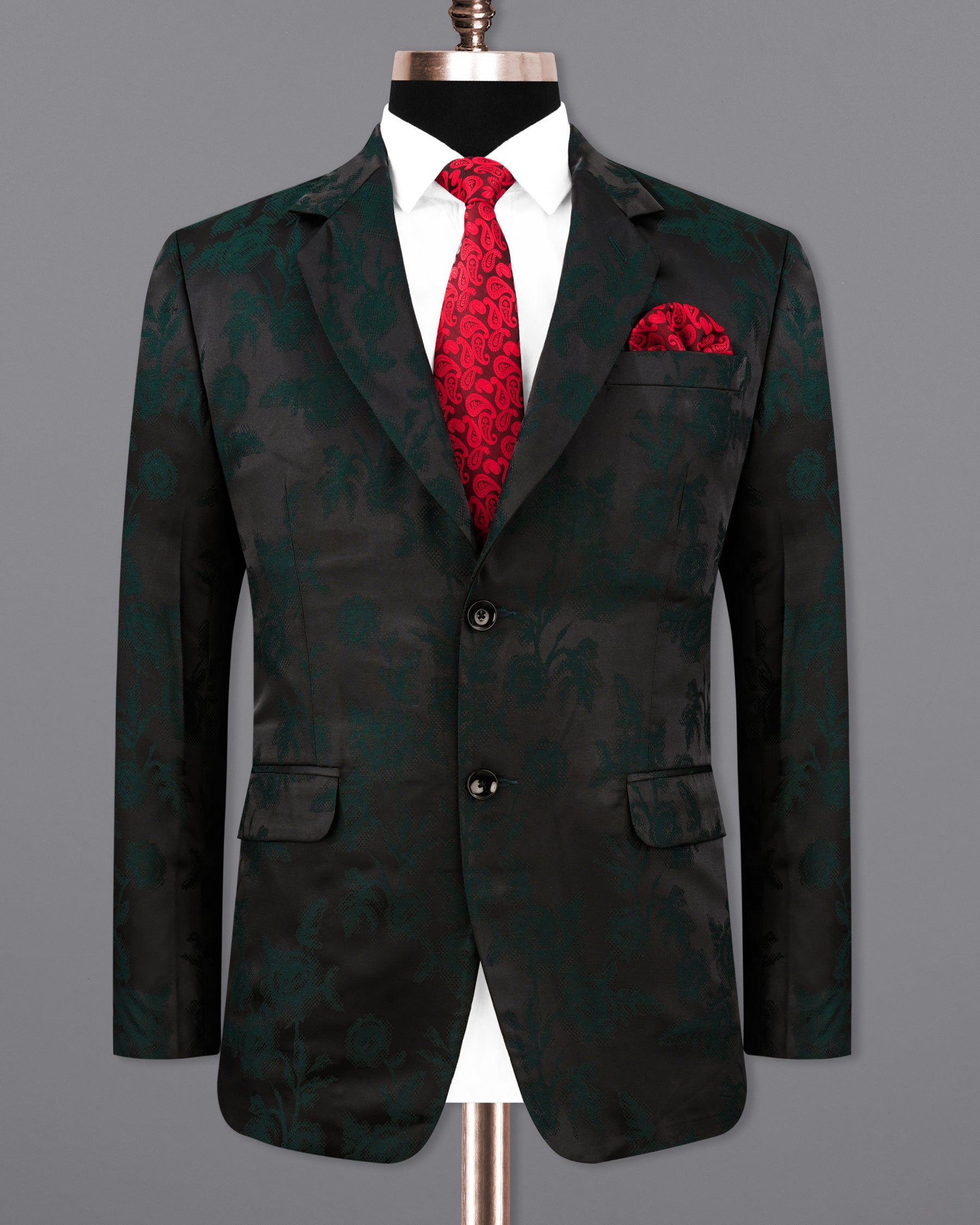 Zeus Black and Holly Dark Green Floral Printed Single Breasted Designer Blazer BL2168-SB-36 , BL2168-SB-38, BL2168-SB-40, BL2168-SB-42, BL2168-SB-44, BL2168-SB-46, BL2168-SB-48, BL2168-SB-50, BL2168-SB-52, BL2168-SB-54, BL2168-SB-56, BL2168-SB-58, BL2168-SB-60