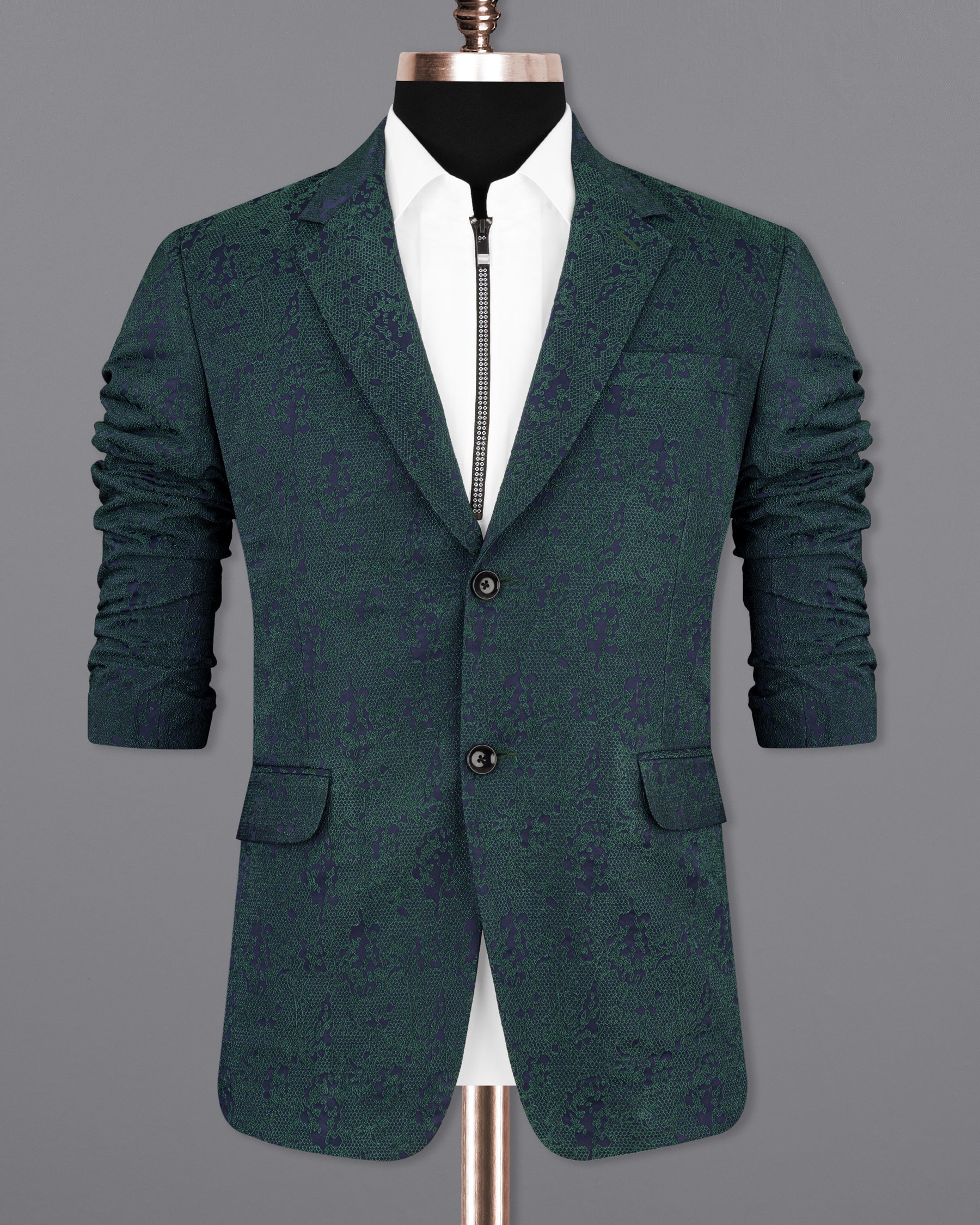 Timber Green Ditsy Textured Jacquard Single Breasted Designer Blazer