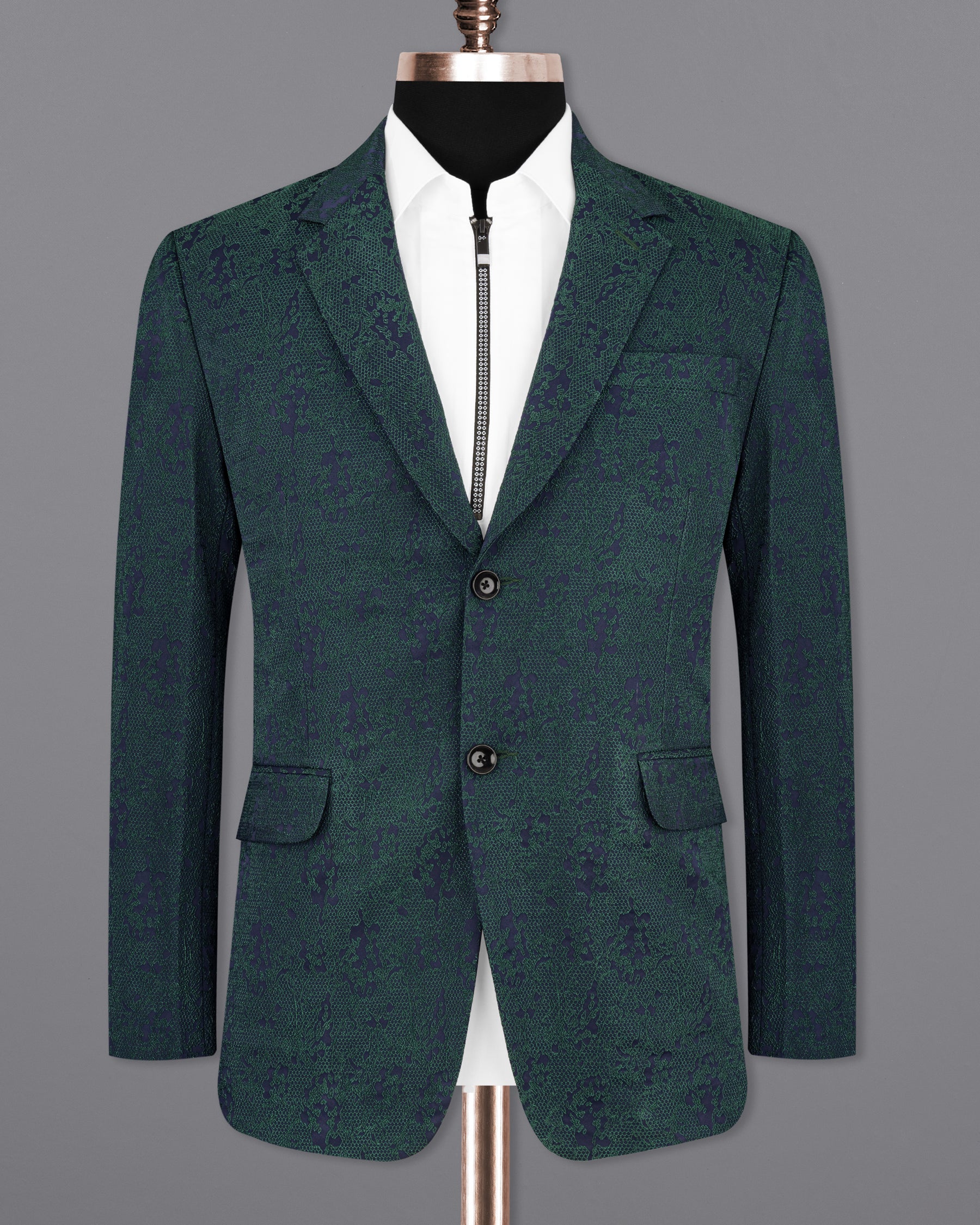 Timber Green Ditsy Textured Jacquard Single Breasted Designer Blazer