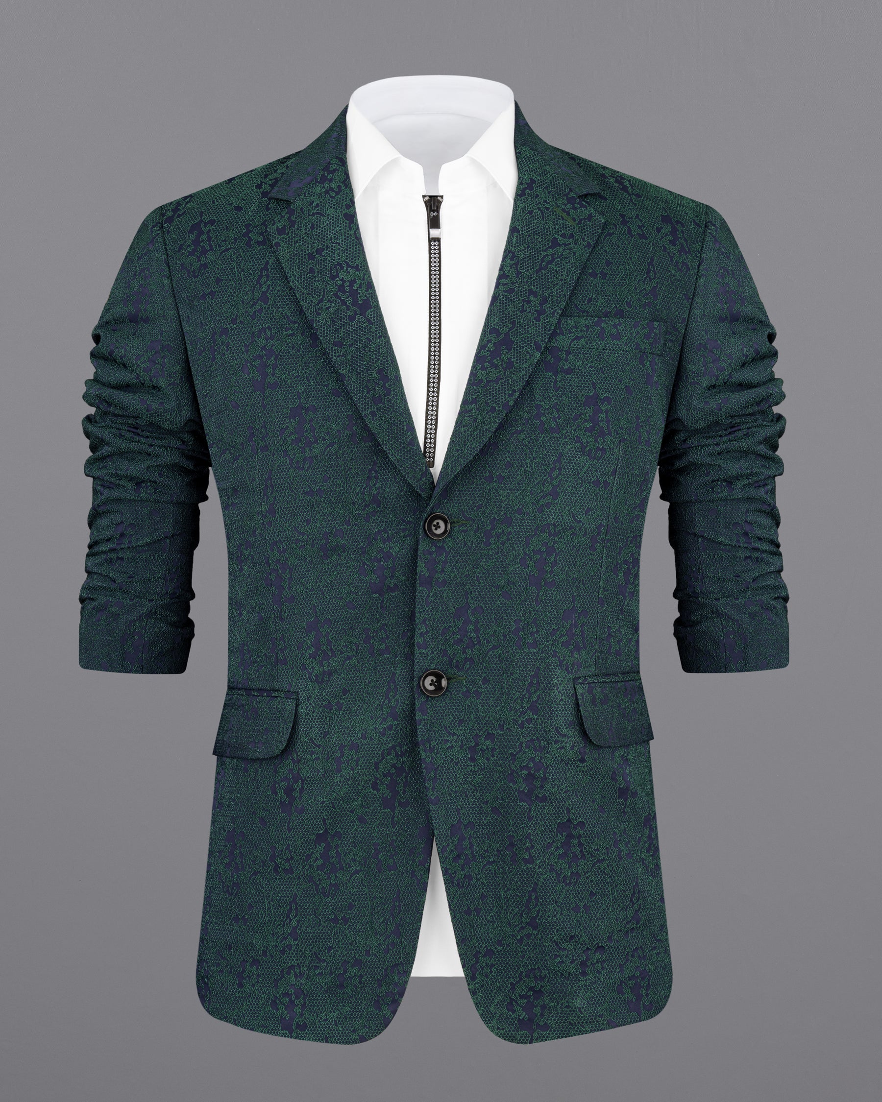 Timber Green Ditsy Textured Jacquard Single Breasted Designer Blazer