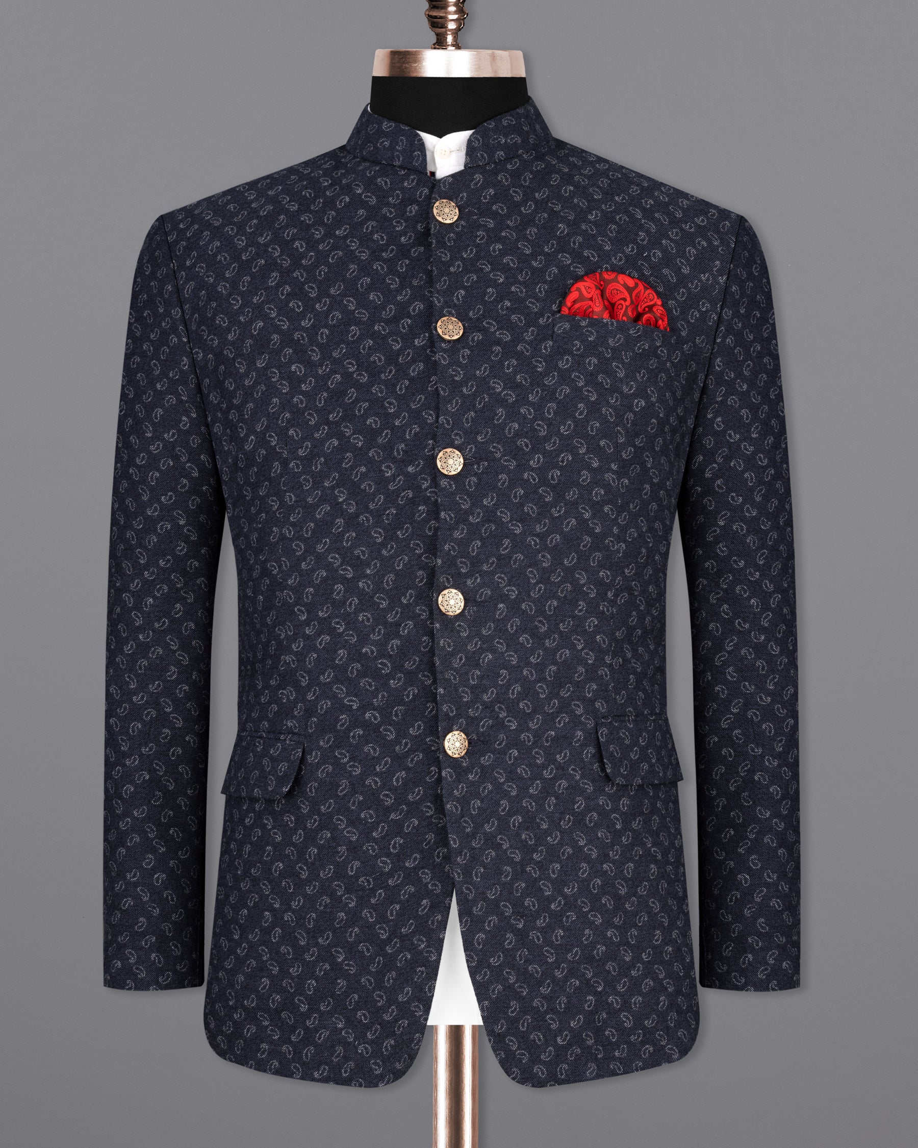 Baltic Sea Navy Blue Paisley Textured Flannel Premium Cotton Bandhgala Designer Blazer
