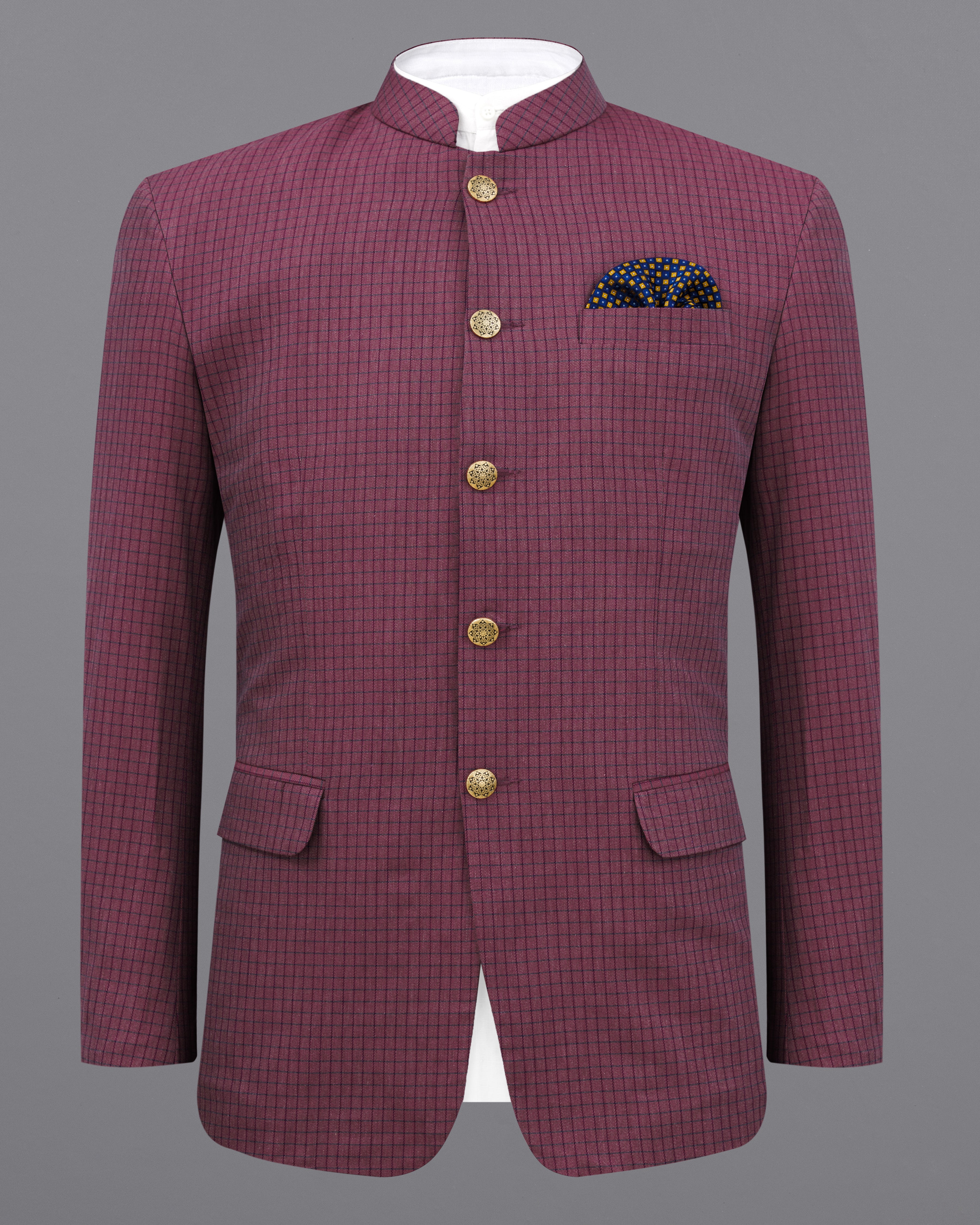 Tuscan Pink Gingham Premium Cotton Bandhgala Designer Blazer