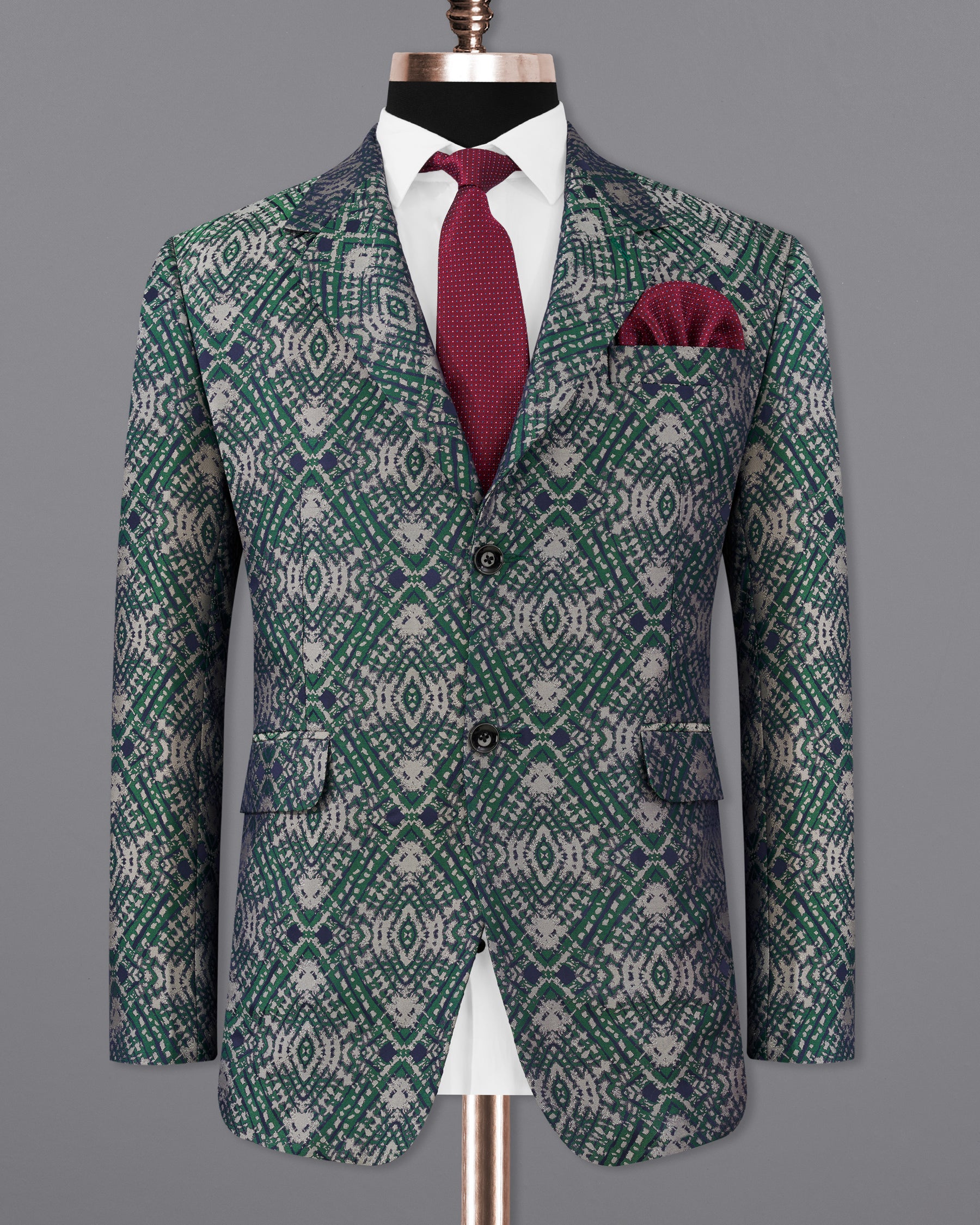 Myrtle Green with Chateau Gray Tie Dye Jacquard Textured Designer Blazer