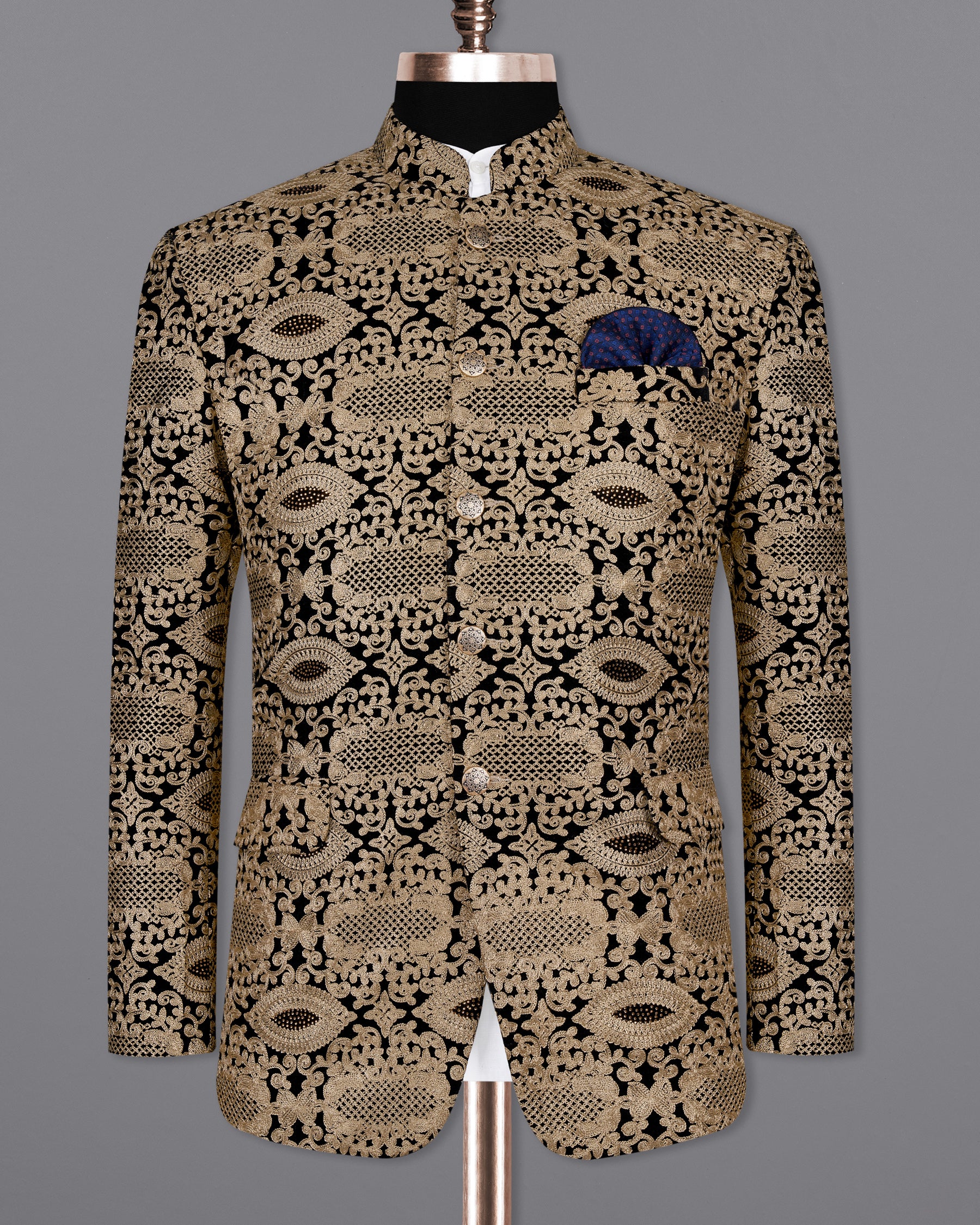 Beaver Brown with Jade Black Diamond Work with Cotton Thread Heavy Embroidered Bandhgala Designer Indo-Western Blazer