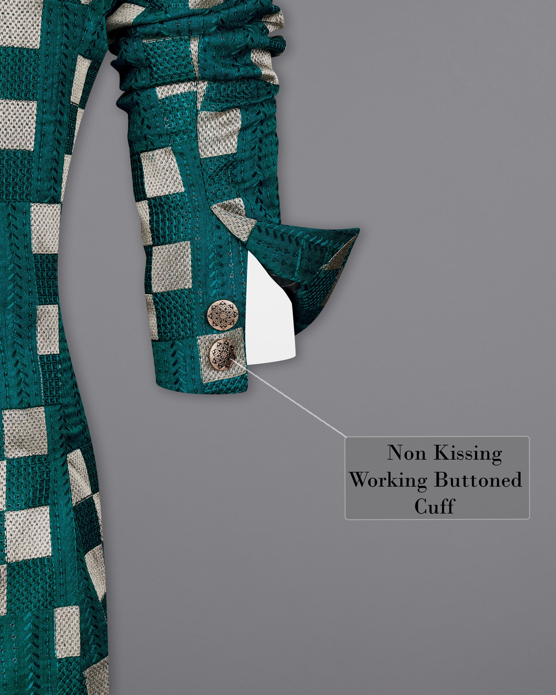 Dark Teal Green with Periglacial Cream Square Cotton Thread Heavy Embroidered Bandhgala Designer Indo-Western Blazer