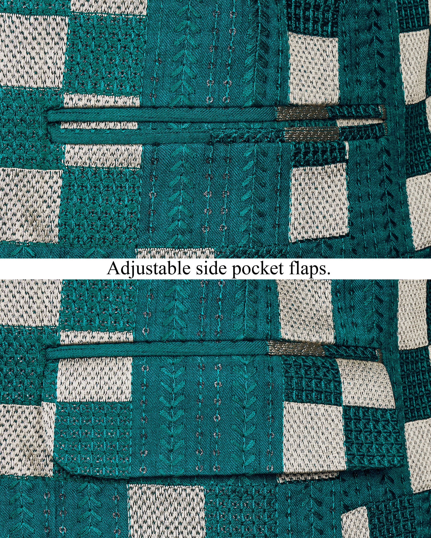 Dark Teal Green with Periglacial Cream Square Cotton Thread Heavy Embroidered Bandhgala Designer Indo-Western Blazer