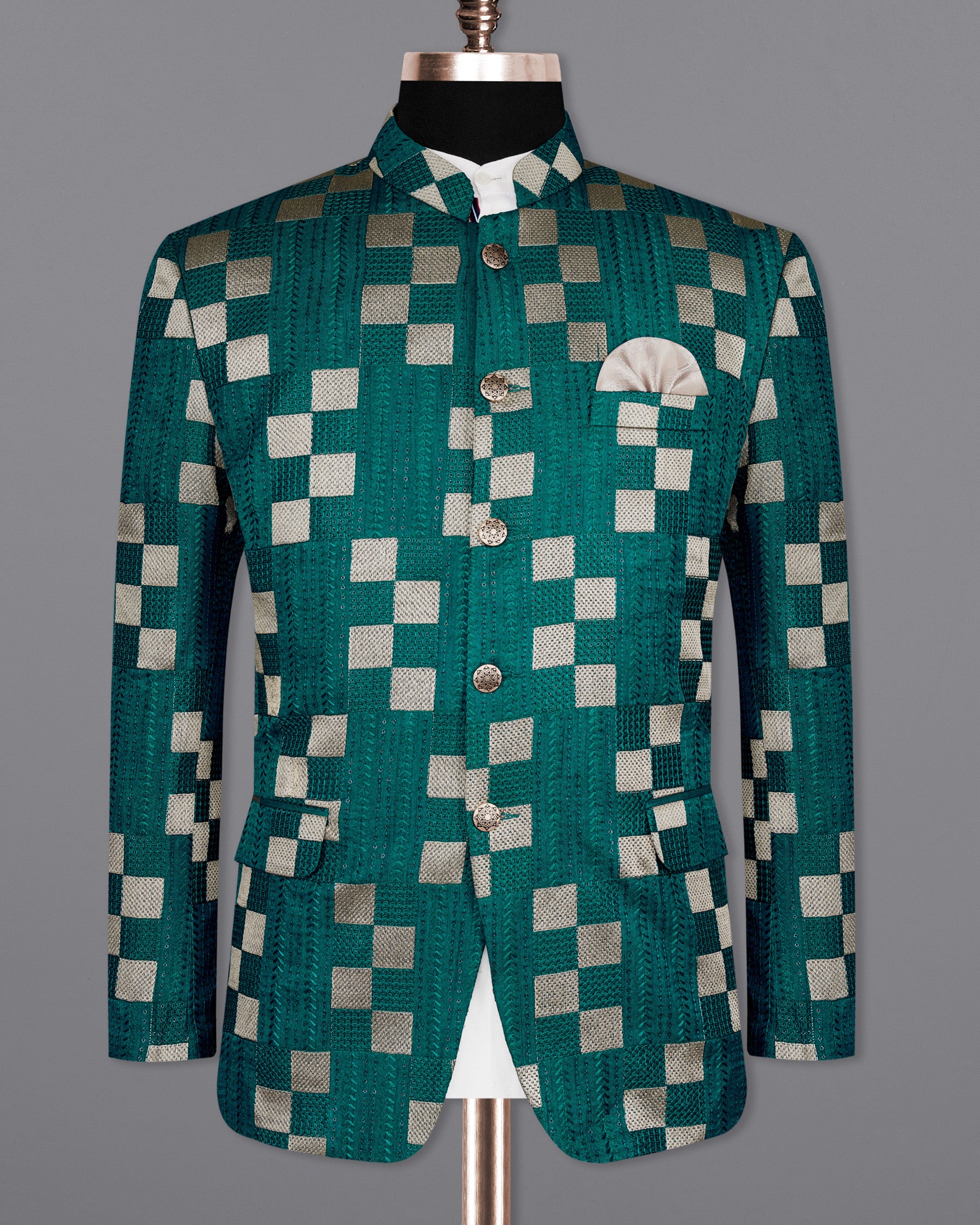 Dark Teal Green with Periglacial Cream Square Cotton Thread Heavy Embroidered Bandhgala Designer Indo-Western Blazer