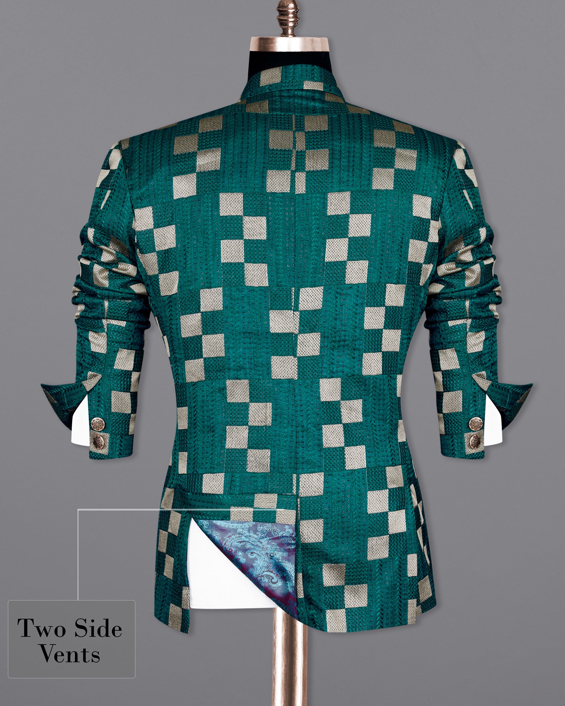 Dark Teal Green with Periglacial Cream Square Cotton Thread Heavy Embroidered Bandhgala Designer Indo-Western Blazer